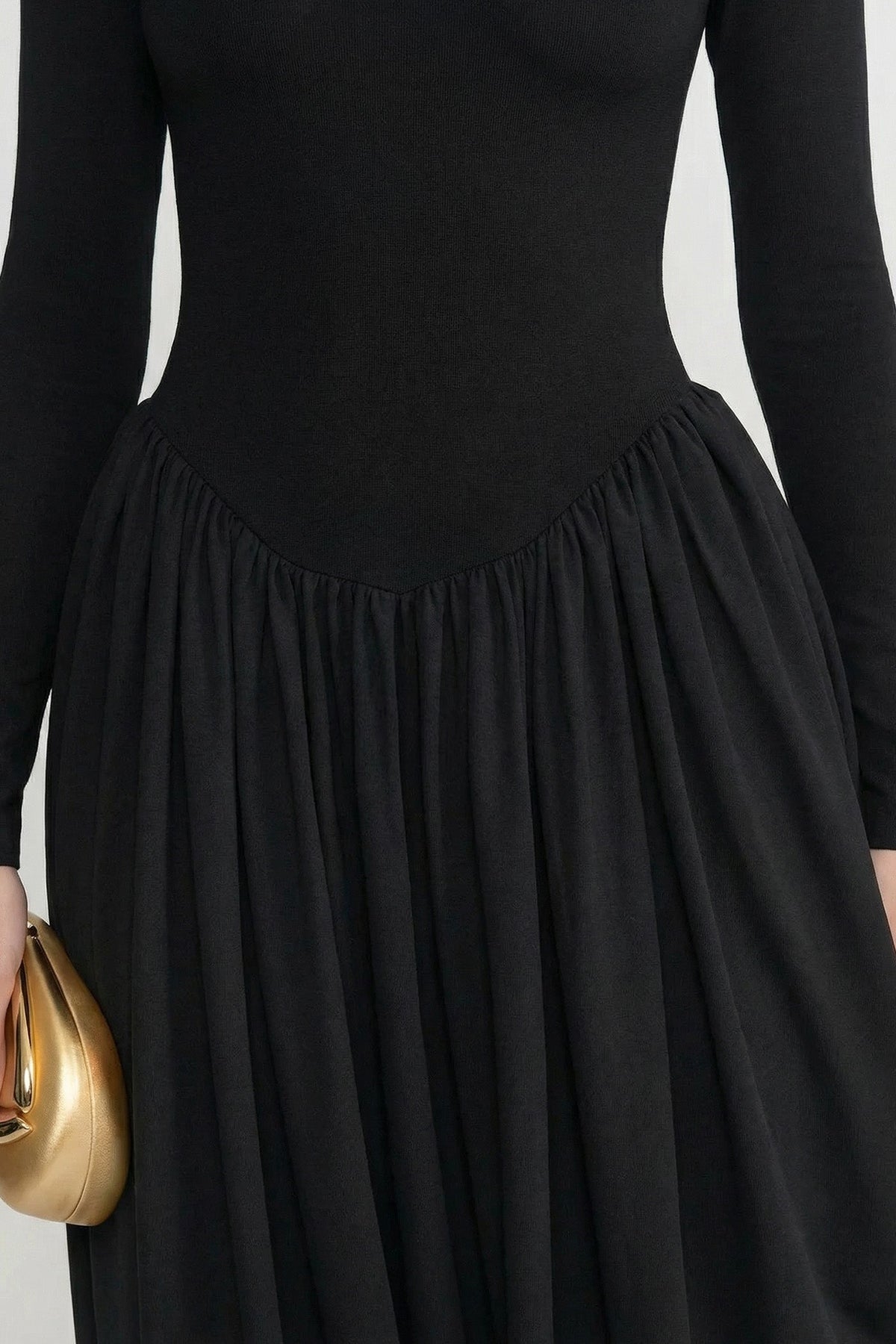 Mock Neck Long Sleeve Maxi Dress with Draped Asymmetric Skirt – Black – view 3