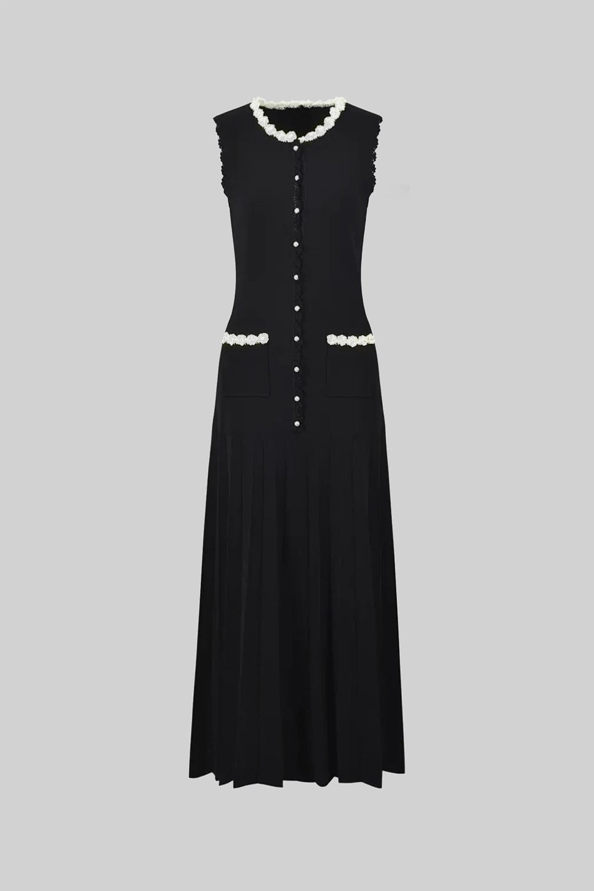 Sleeveless Knit Midi Dress with Pearl Trim and Pleated Skirt – Black – view 7