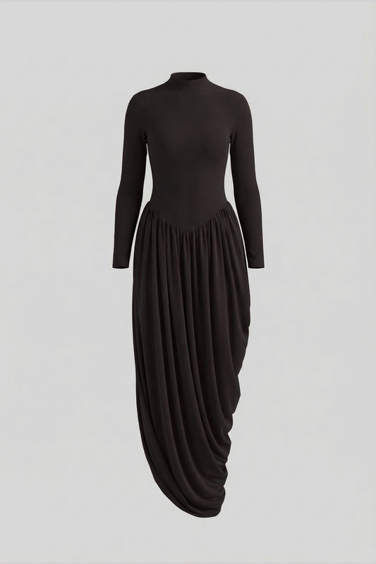 Mock Neck Long Sleeve Maxi Dress with Draped Asymmetric Skirt – Black