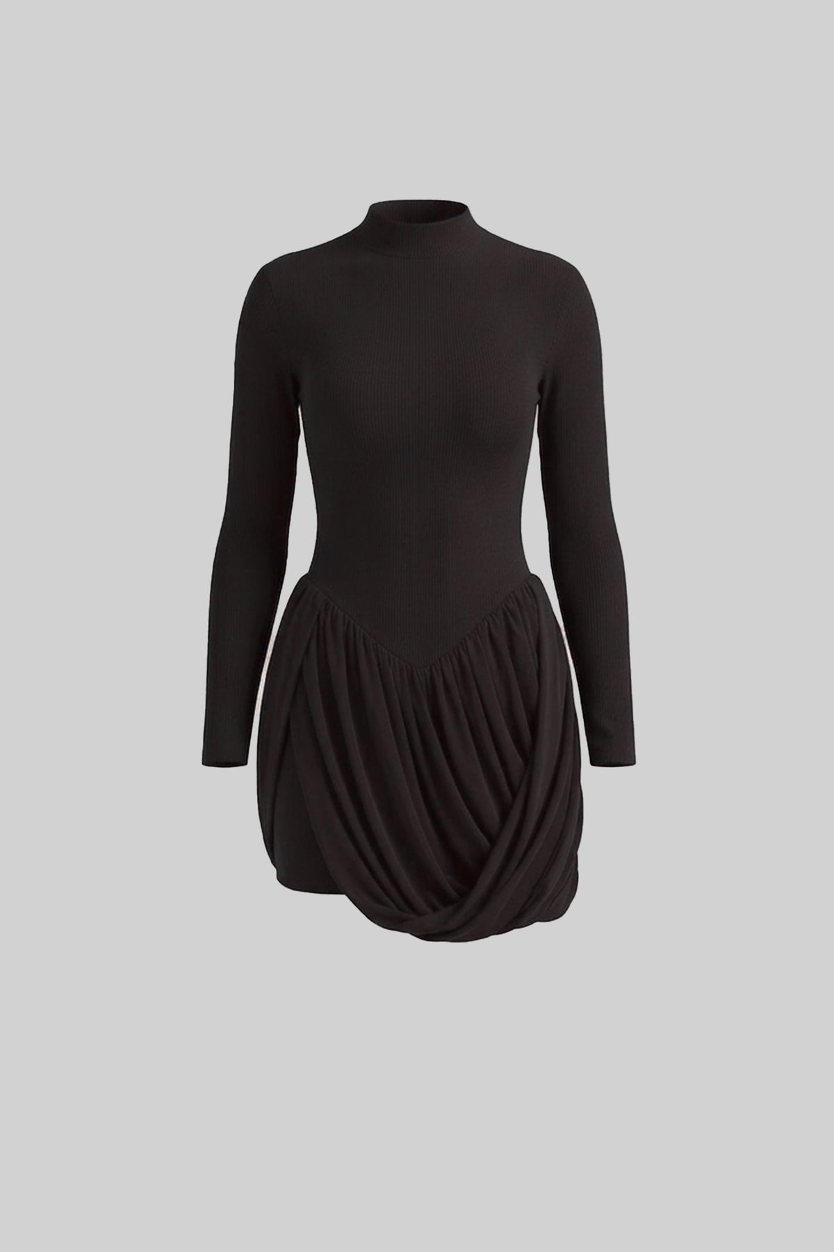 Mock Neck Long Sleeve Mini Dress with Draped Bubble Skirt – Black