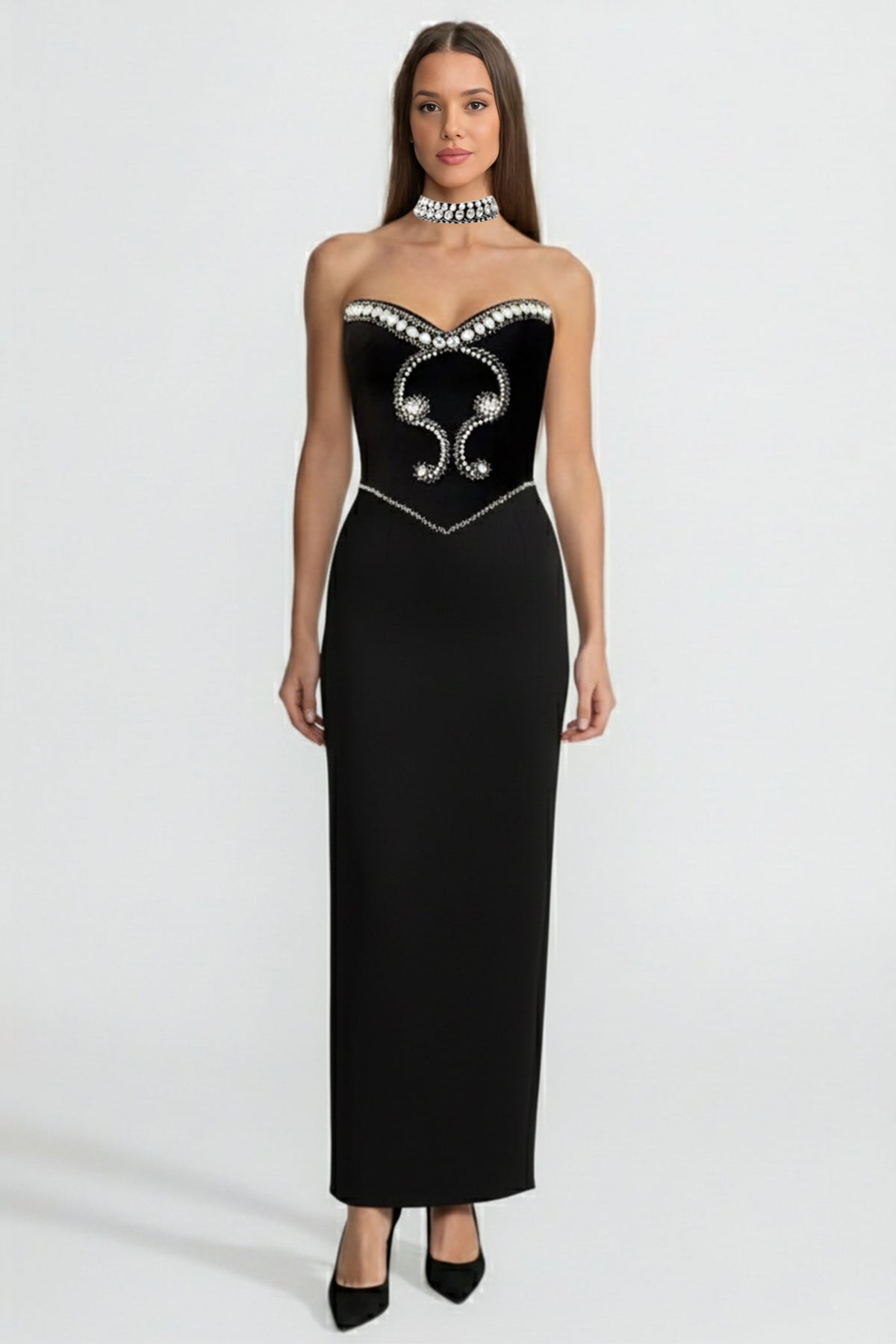 Strapless Satin Gown with Crystal Embellishment and Choker – Black