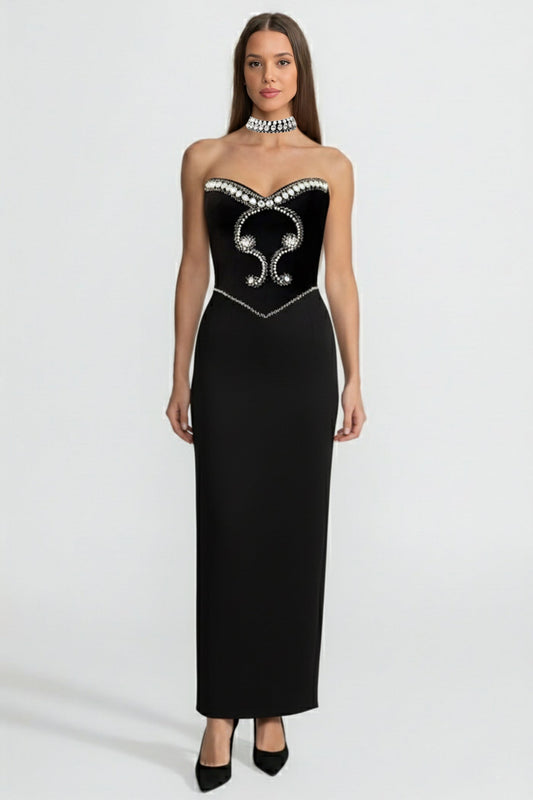 Strapless Satin Gown with Crystal Embellishment and Choker – Black