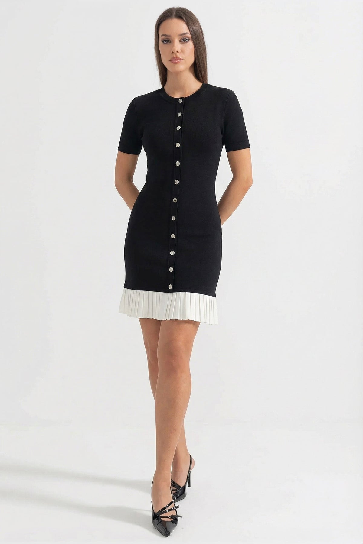 Knit Short Sleeve Mini Dress with Contrast White Pleated Hem – Black – view 1