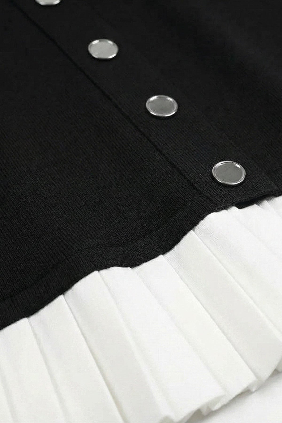 Knit Short Sleeve Mini Dress with Contrast White Pleated Hem – Black – view 6