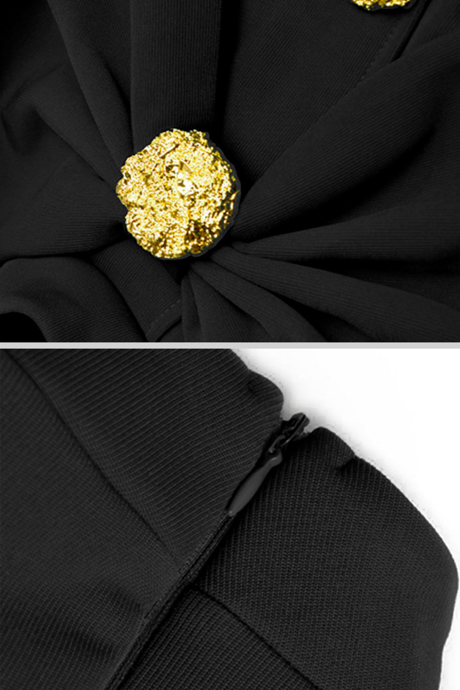 Bow Collar Long Sleeve Fitted Dress with Gold Floral Buttons – Black – view 9