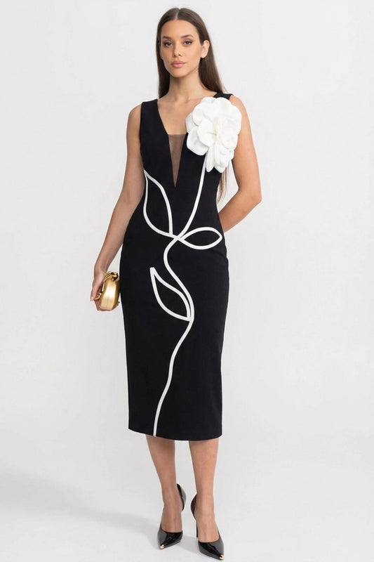 Sleeveless V-Neck Midi Dress with Sculpted Floral Shoulder – Black