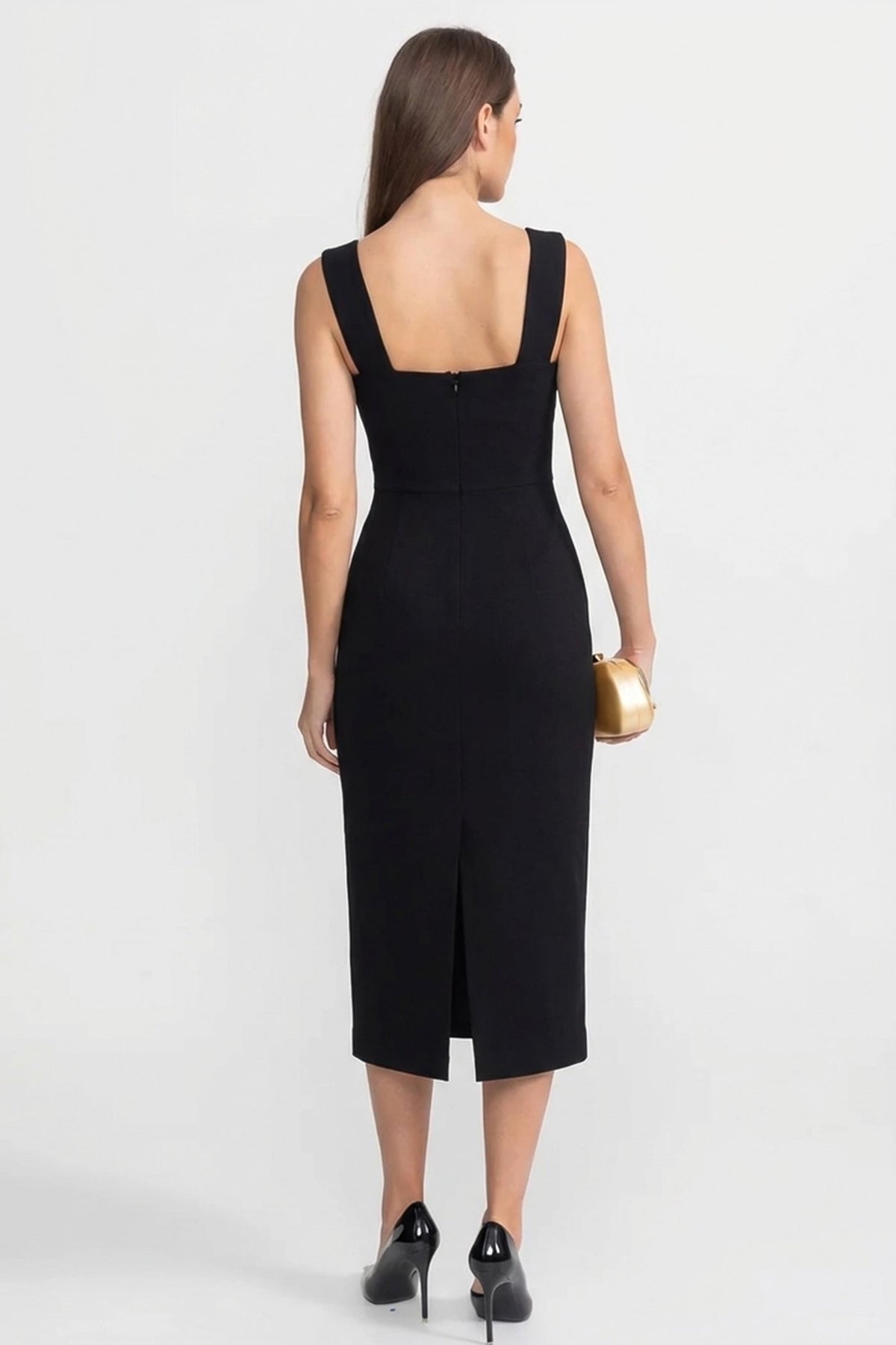 Sleeveless V-Neck Midi Dress with Sculpted Floral Shoulder – Black – view 4