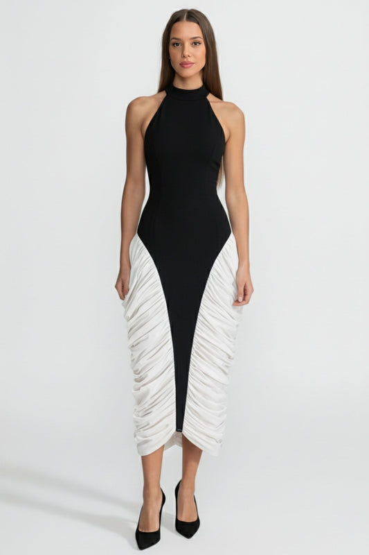 Two-Tone Ruched Halter Midi Dress in Crepe and Satin – Black & White
