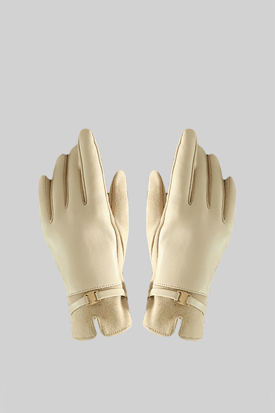 Vegan Leather and Faux Suede Gloves with Gold Buckle Detail – Beige – view 6