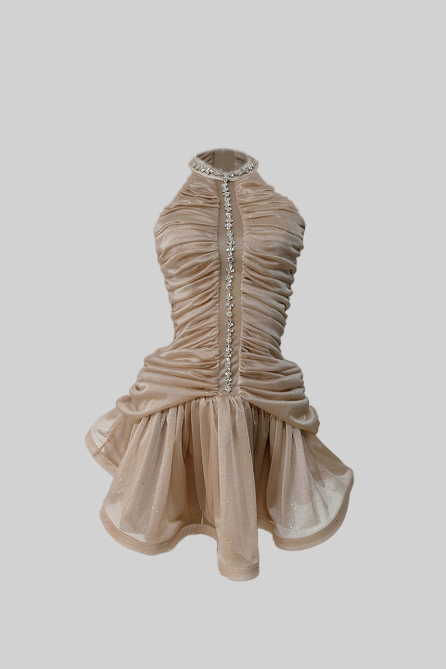 Ruched Halter Neck Mini Dress with Central Pearl Detail – Nude – view 2