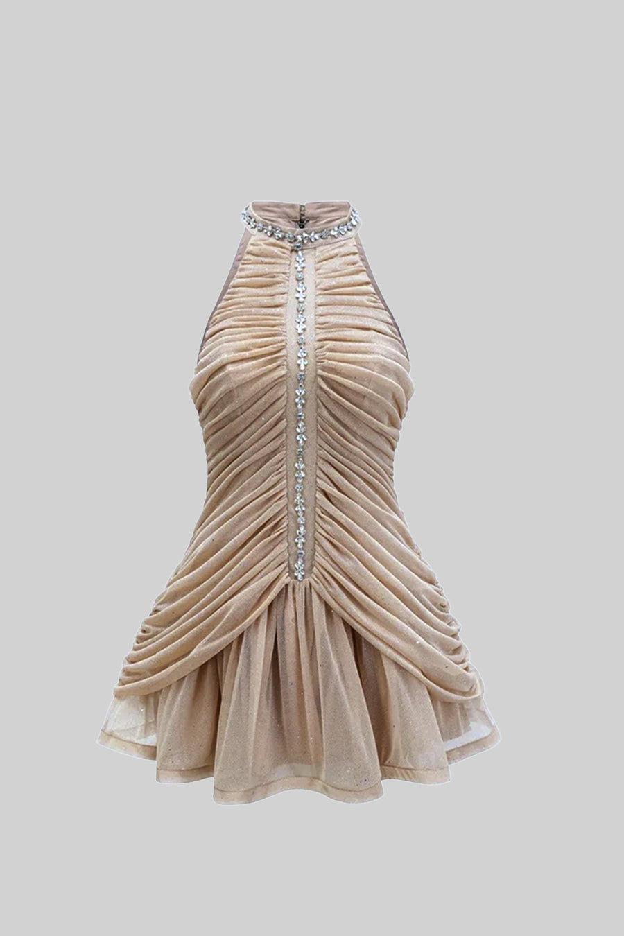 Ruched Halter Neck Mini Dress with Central Pearl Detail – Nude – view 2