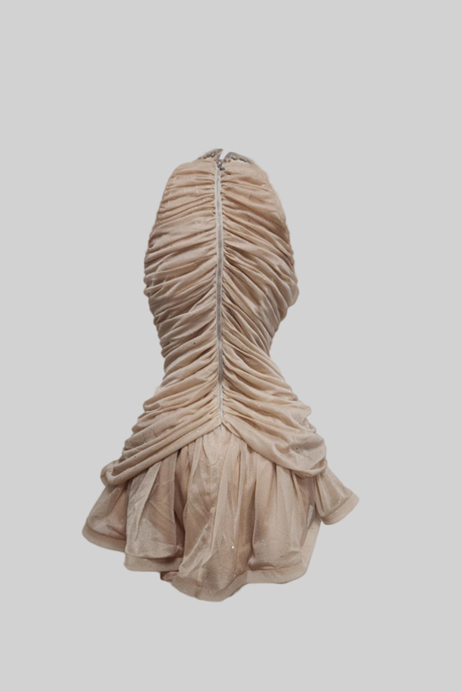 Ruched Halter Neck Mini Dress with Central Pearl Detail – Nude – view 3