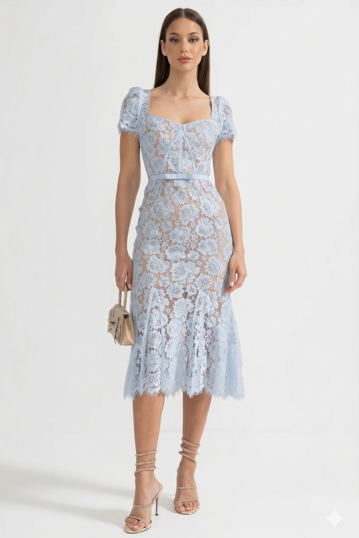 Floral Lace Puff Sleeve Dress with Matching Waist Belt – Blue