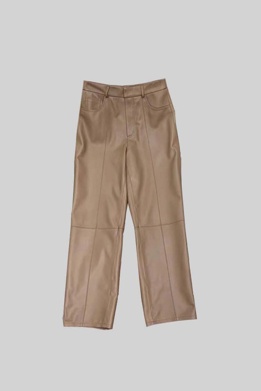 Leather Straight Leg Trousers with Decorative Stitching – Beige – view 4