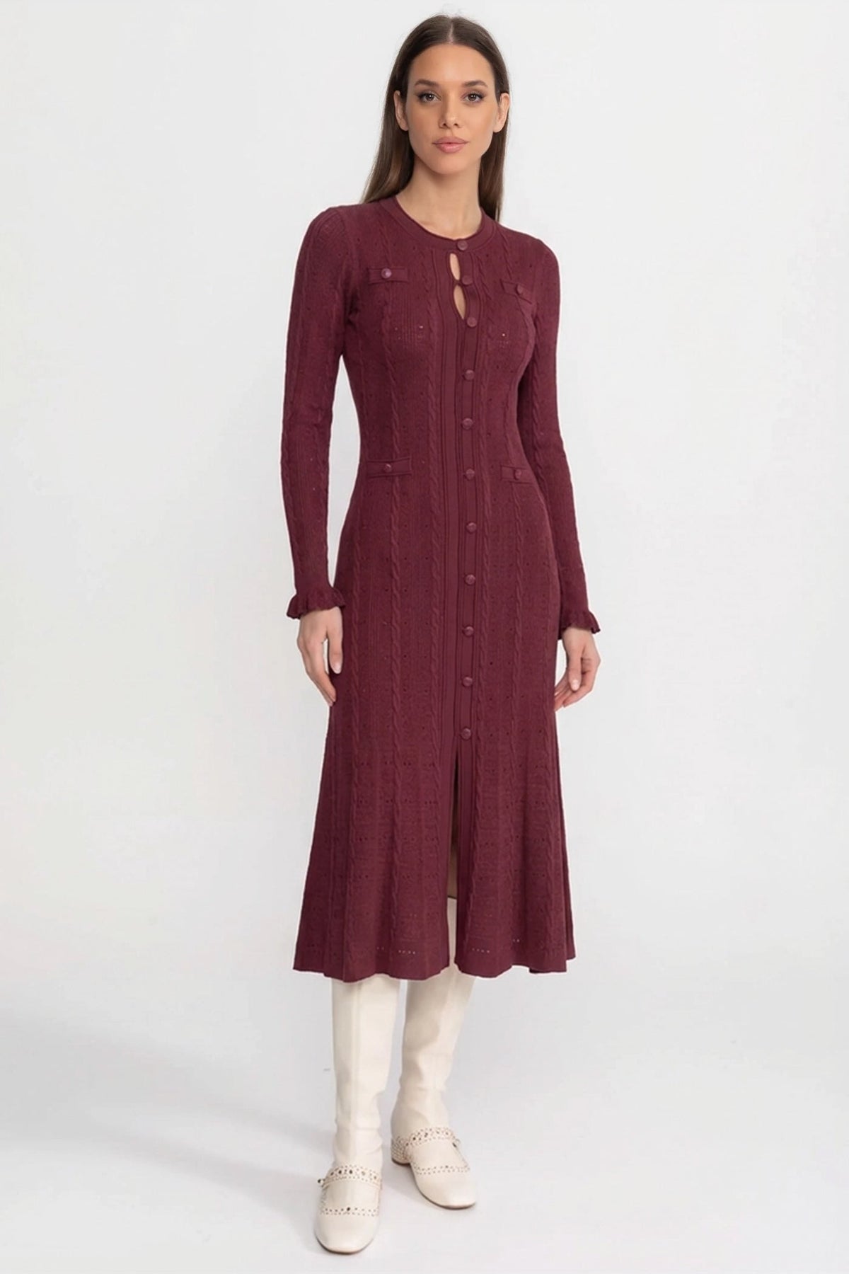 Pointelle Knit Button-Front Midi Dress with Keyhole Neck – Burgundy
