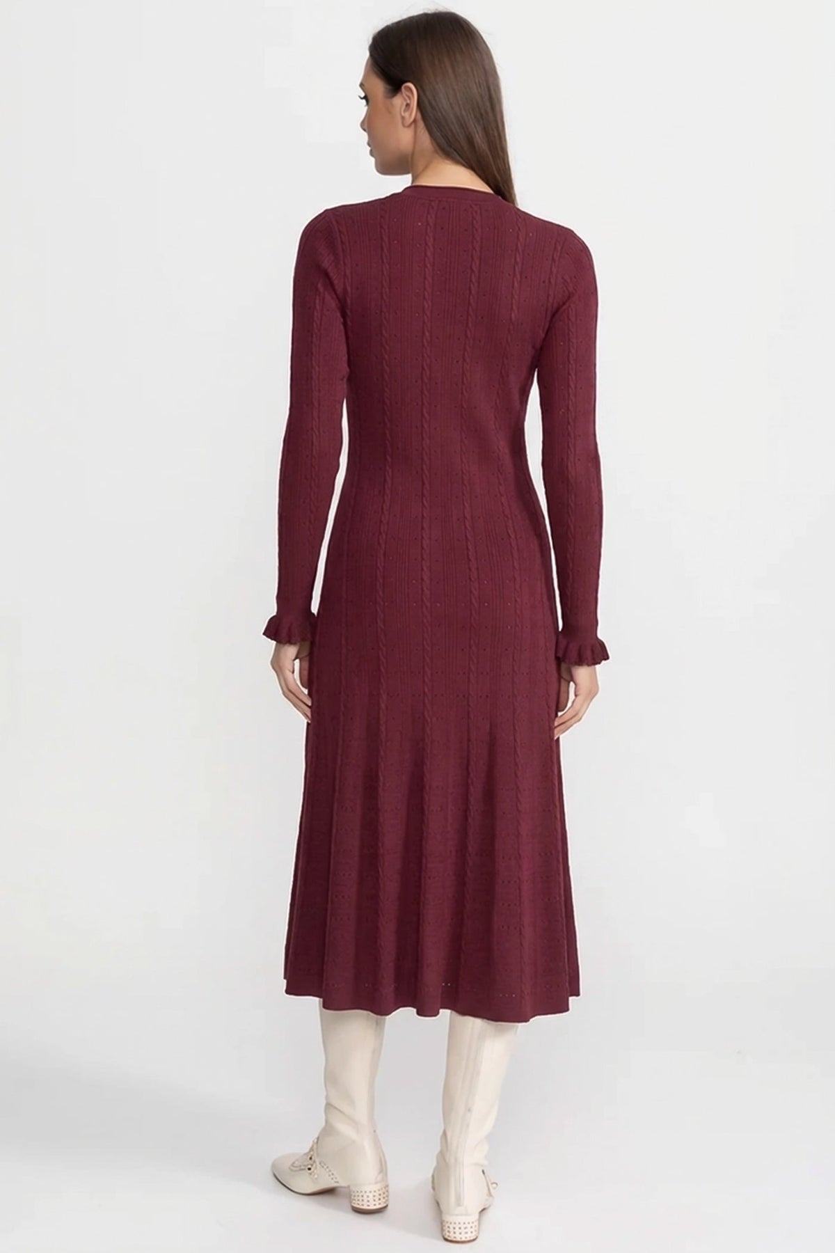 Pointelle Knit Button-Front Midi Dress with Keyhole Neck – Burgundy – view 3