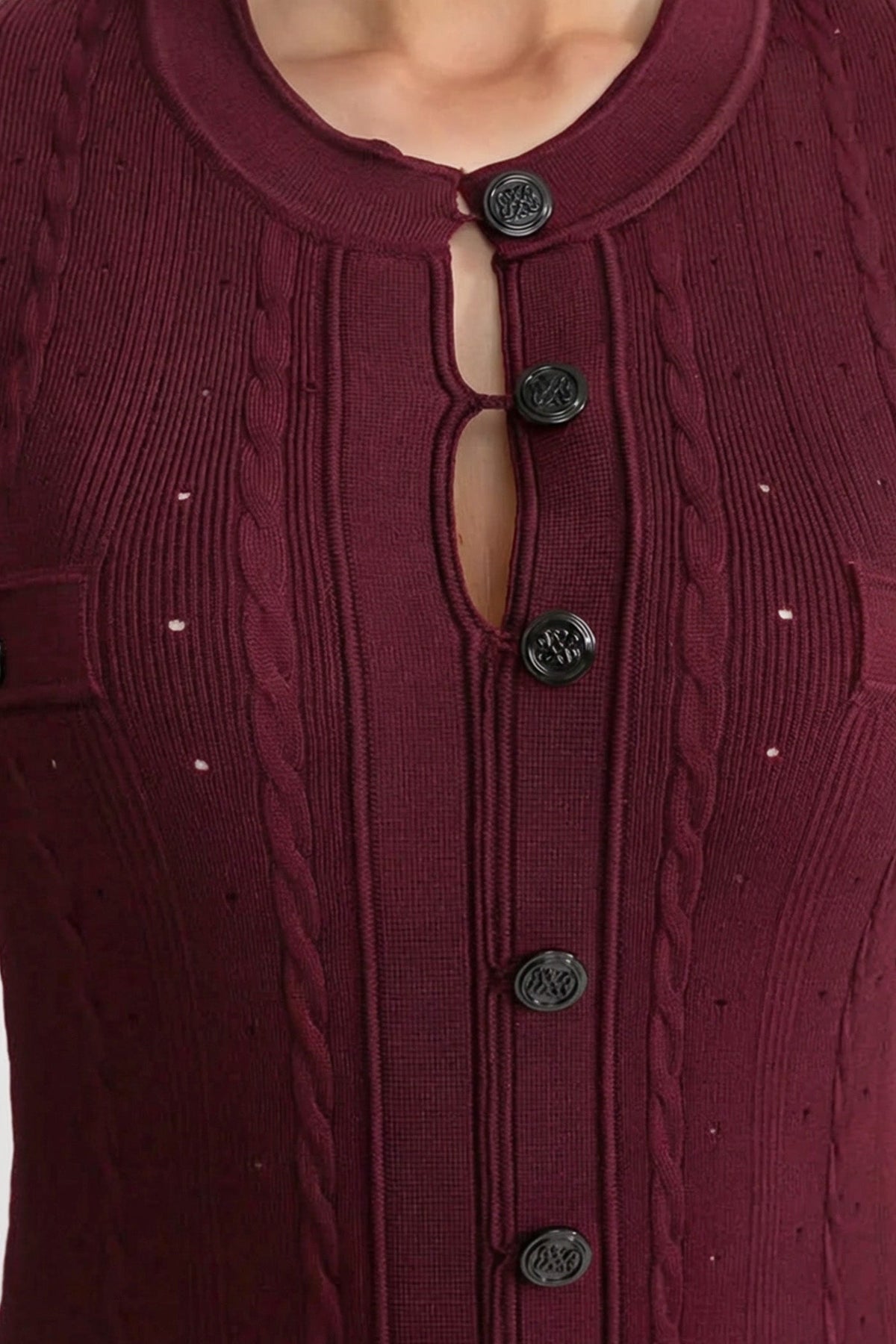 Pointelle Knit Button-Front Midi Dress with Keyhole Neck – Burgundy – view 4