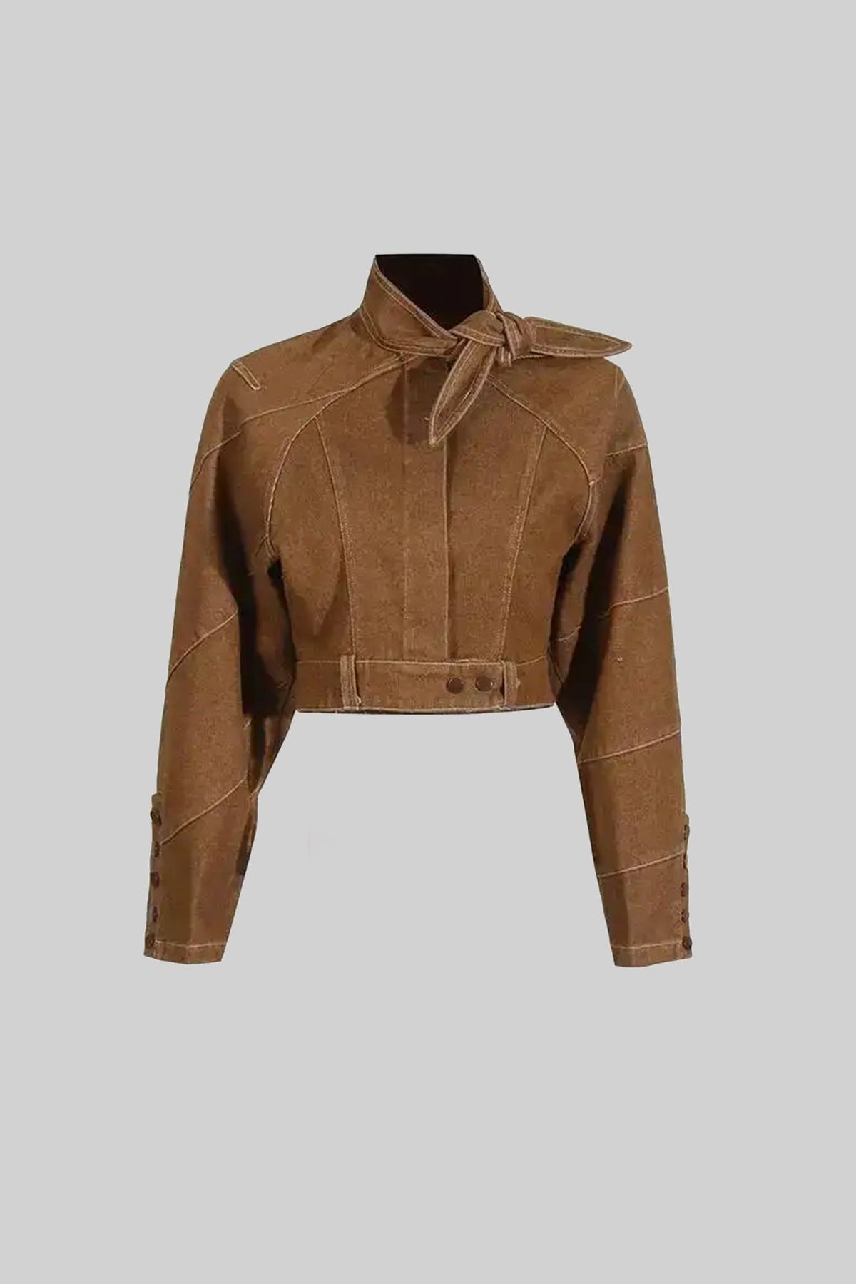 Suede Tie-Neck Cropped Jacket and Wide Leg Trousers Co-ord Set – Brown – view 3