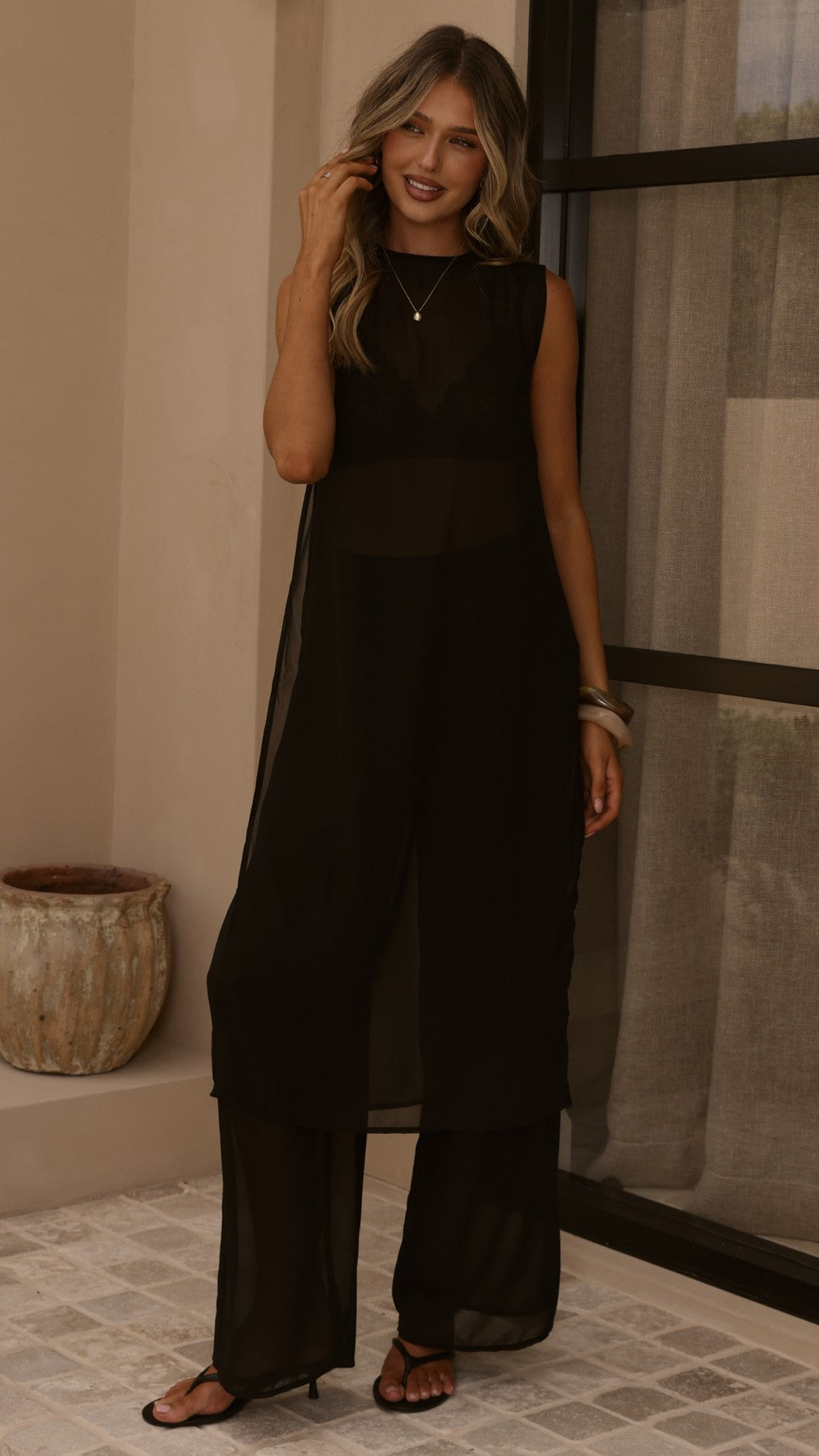 Zaire Sheer Longline Sleeveless Top and Trousers Set with Bralette – Black