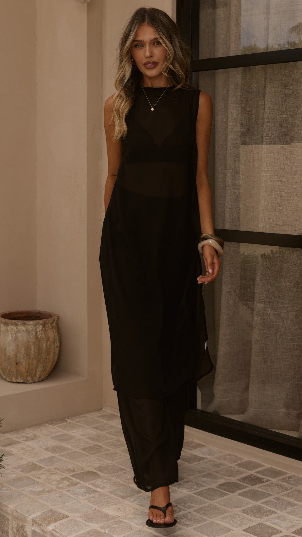 Zaire Sheer Longline Sleeveless Top and Trousers Set with Bralette – Black