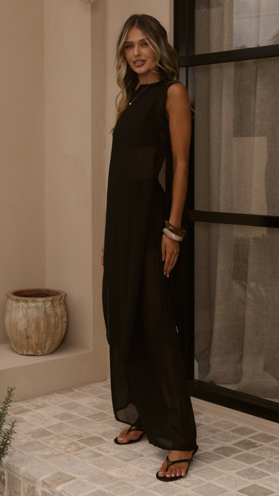 Zaire Sheer Longline Sleeveless Top and Trousers Set with Bralette – Black