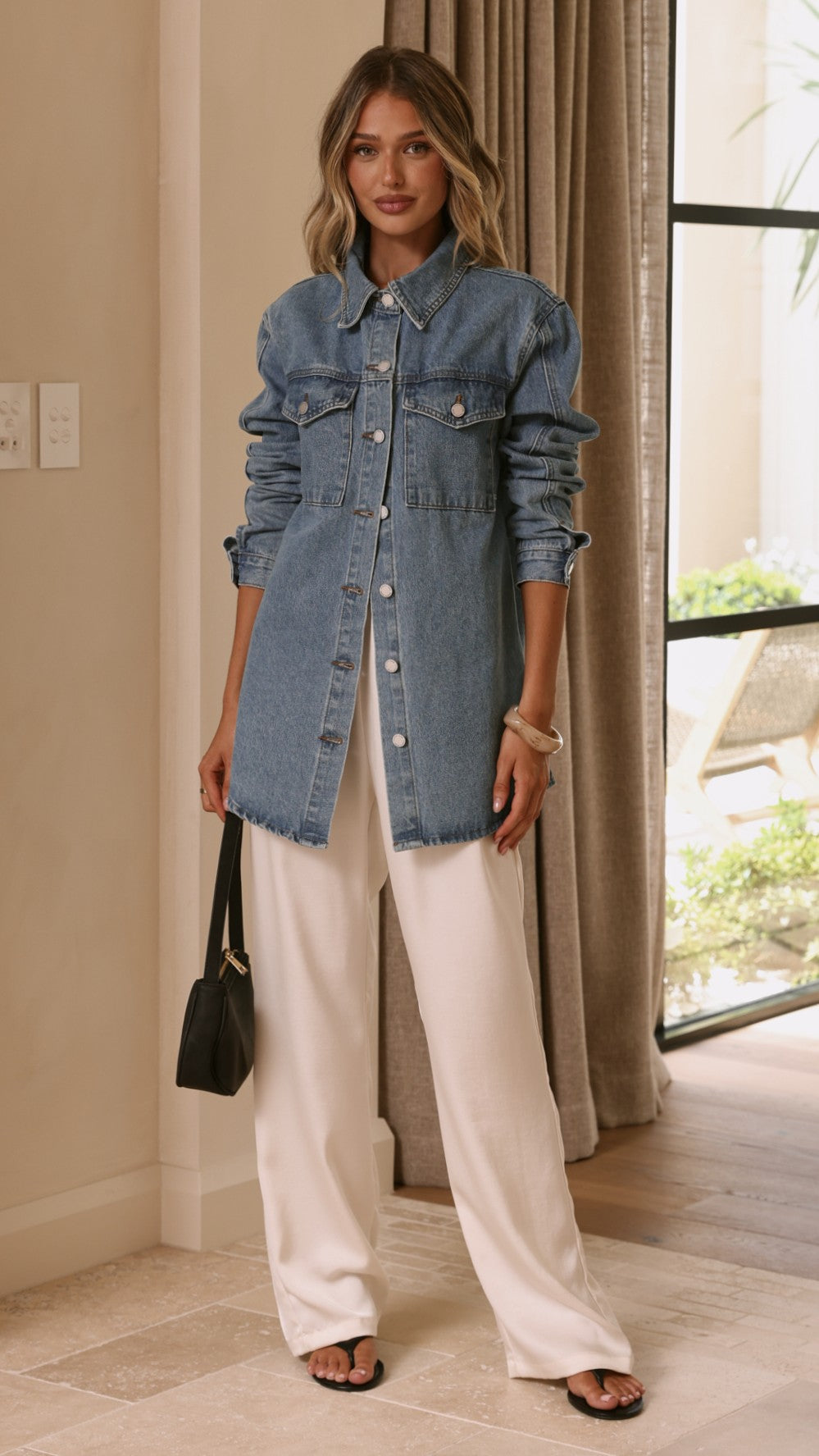 Yvella Collared Button-Up Denim Jacket – Mid Blue – view 3