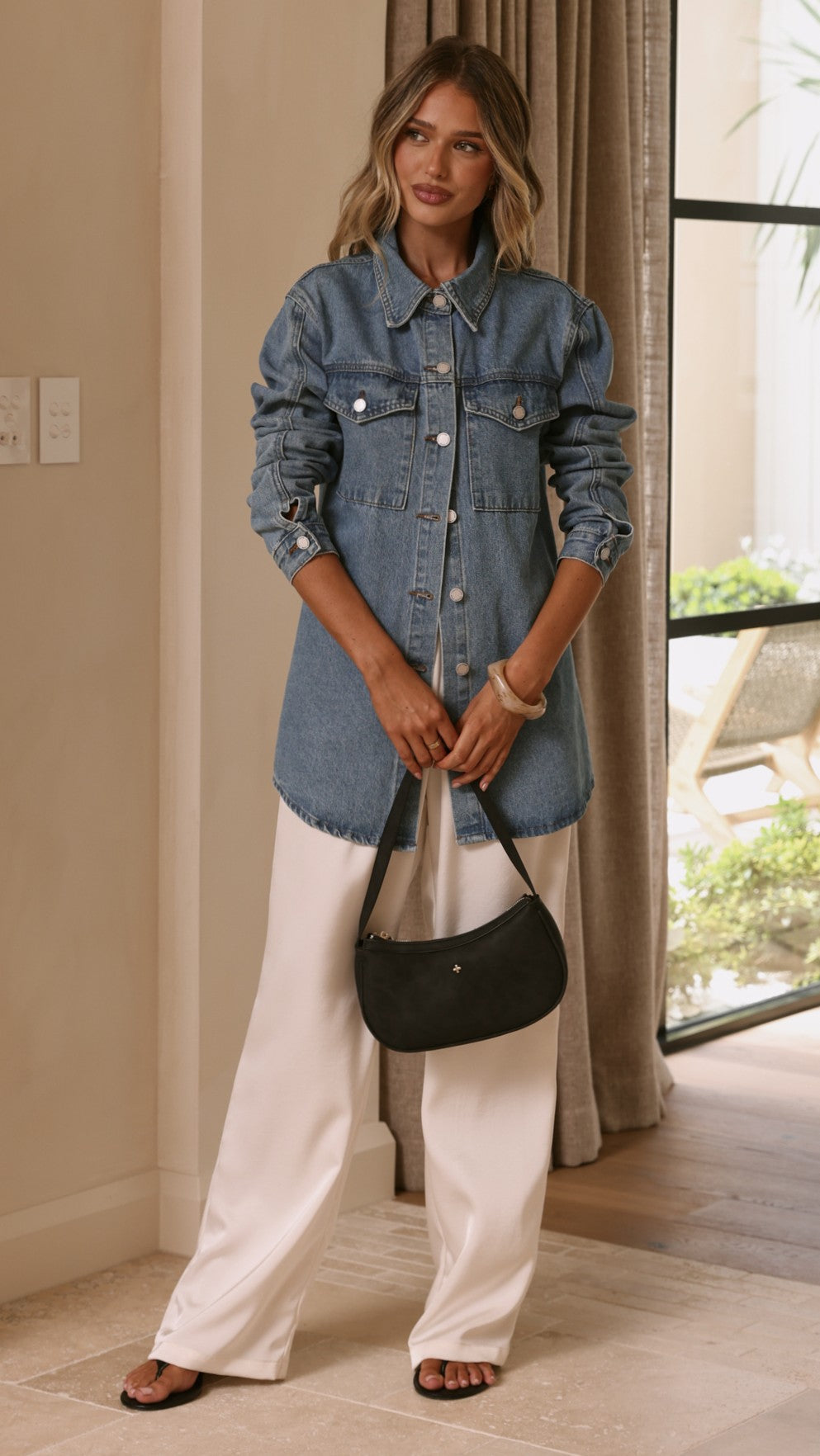 Yvella Collared Button-Up Denim Jacket – Mid Blue