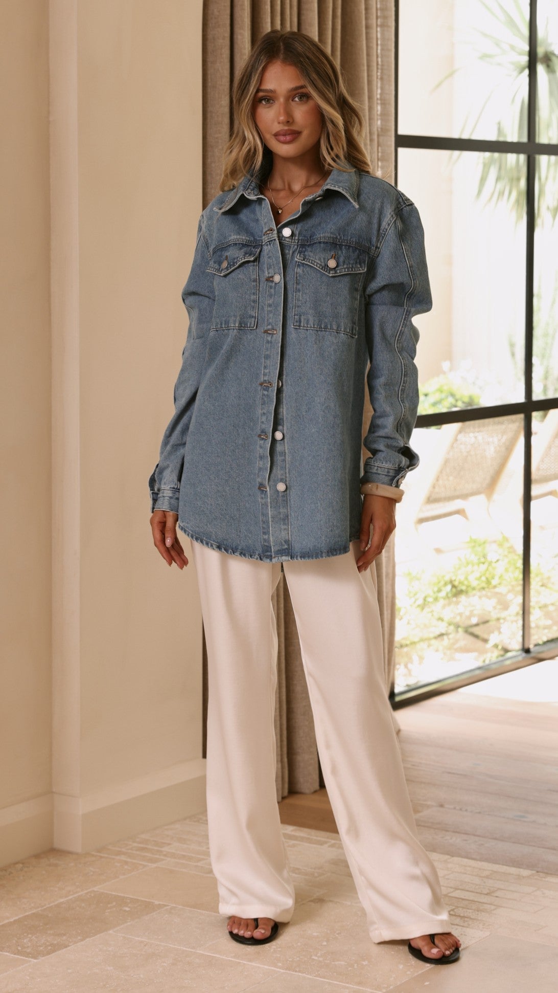 Yvella Collared Button-Up Denim Jacket – Mid Blue – view 9