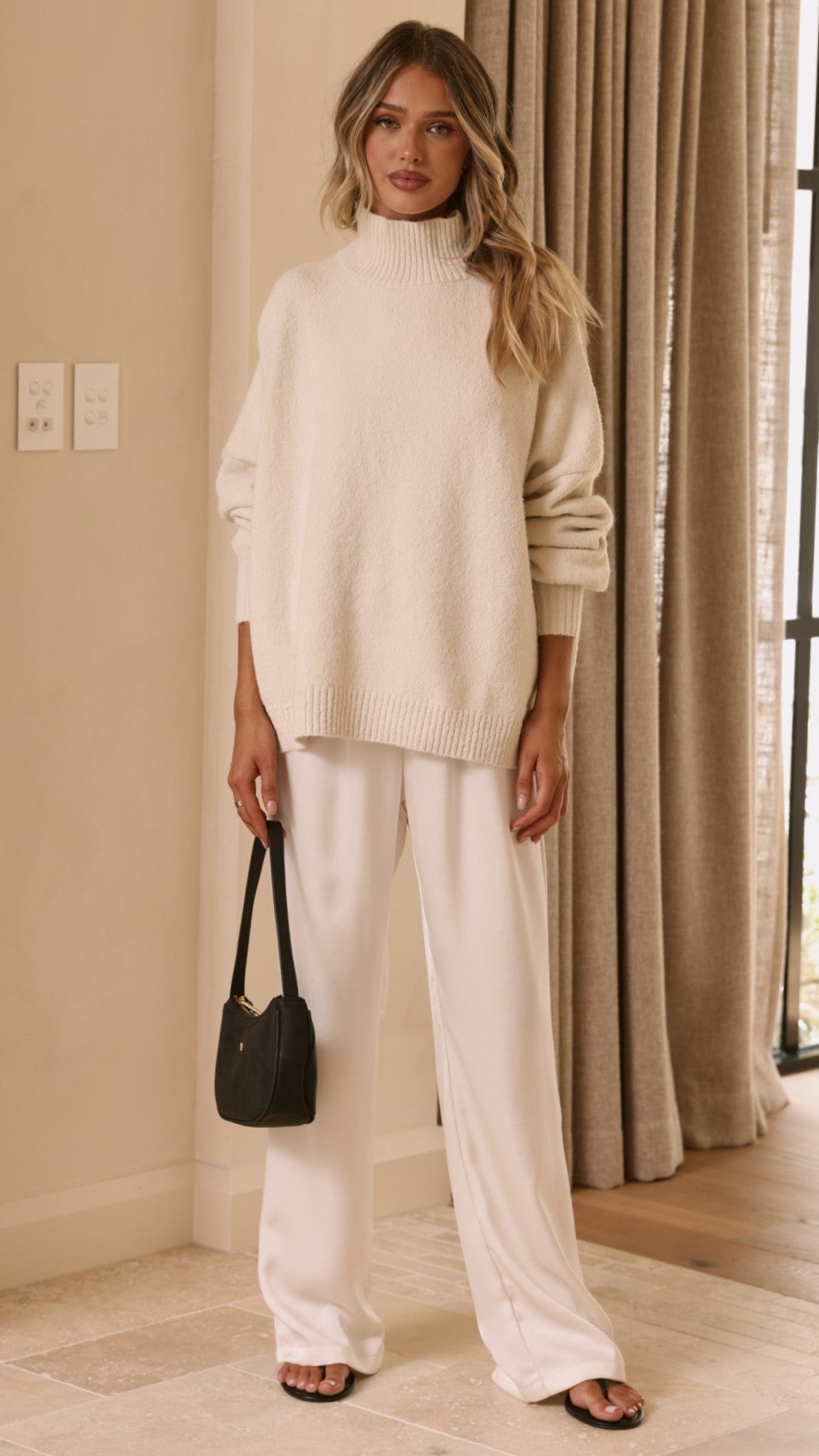 Harita Turtleneck Bell Sleeve Boxy Knit Jumper – Cream