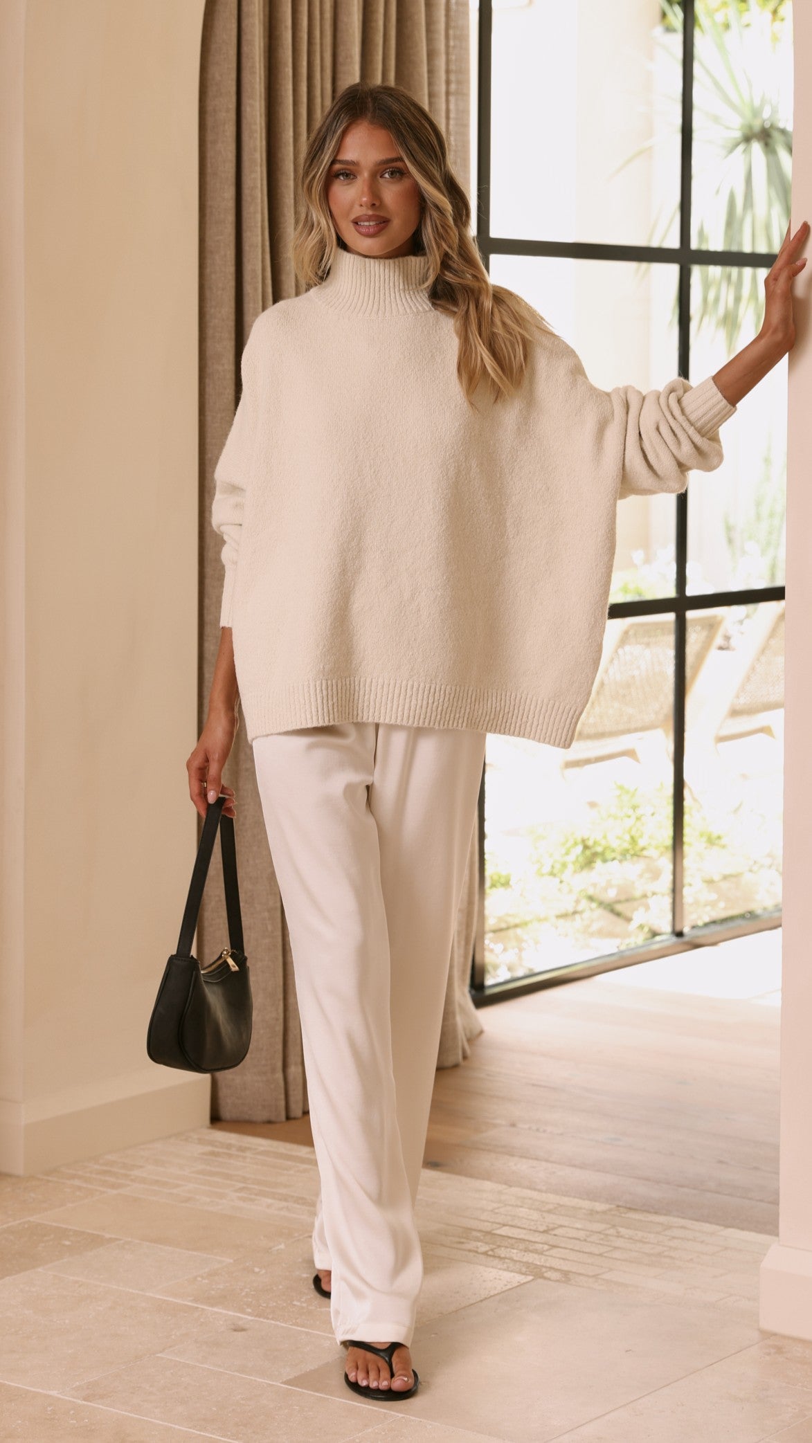 Harita Turtleneck Bell Sleeve Boxy Knit Jumper – Cream