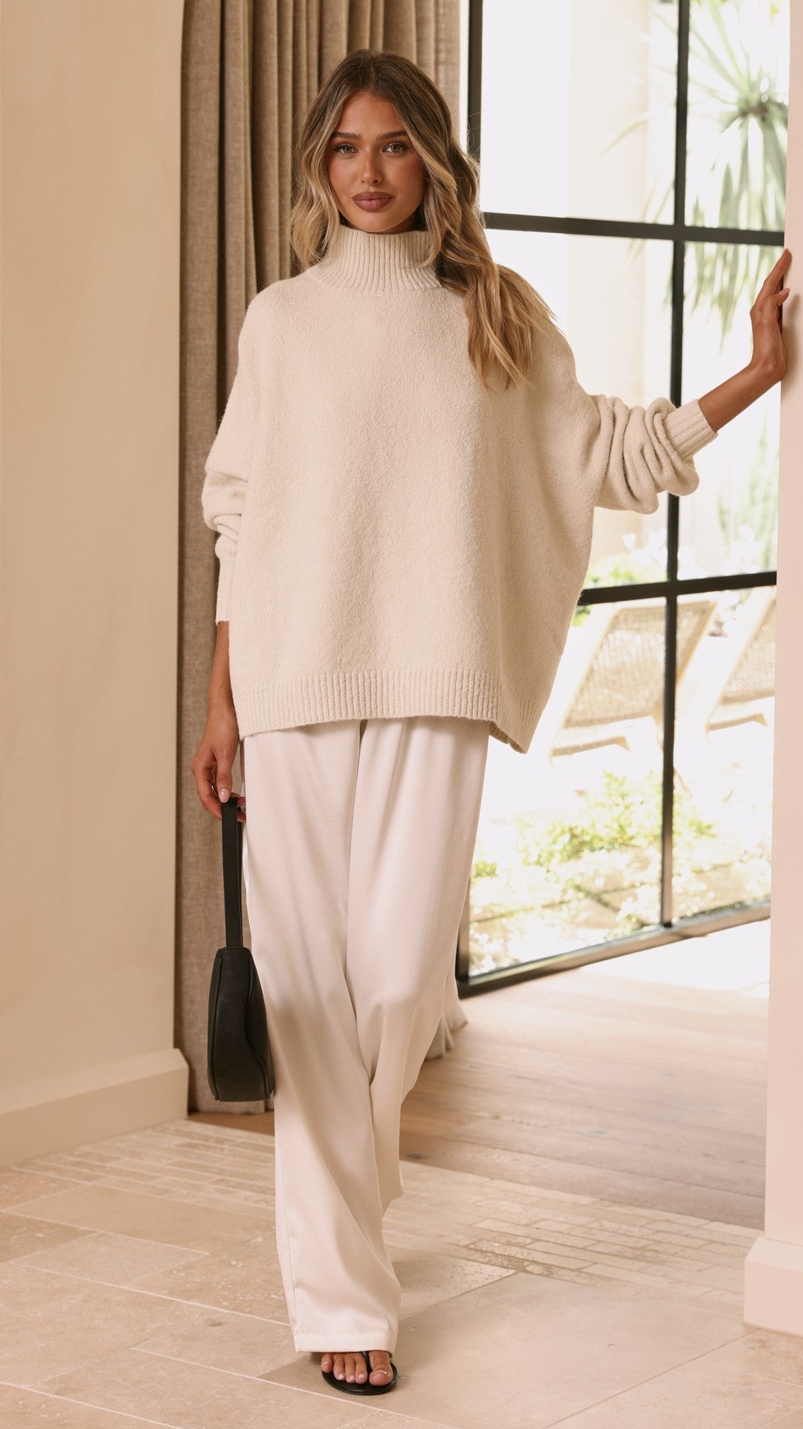 Harita Turtleneck Bell Sleeve Boxy Knit Jumper – Cream