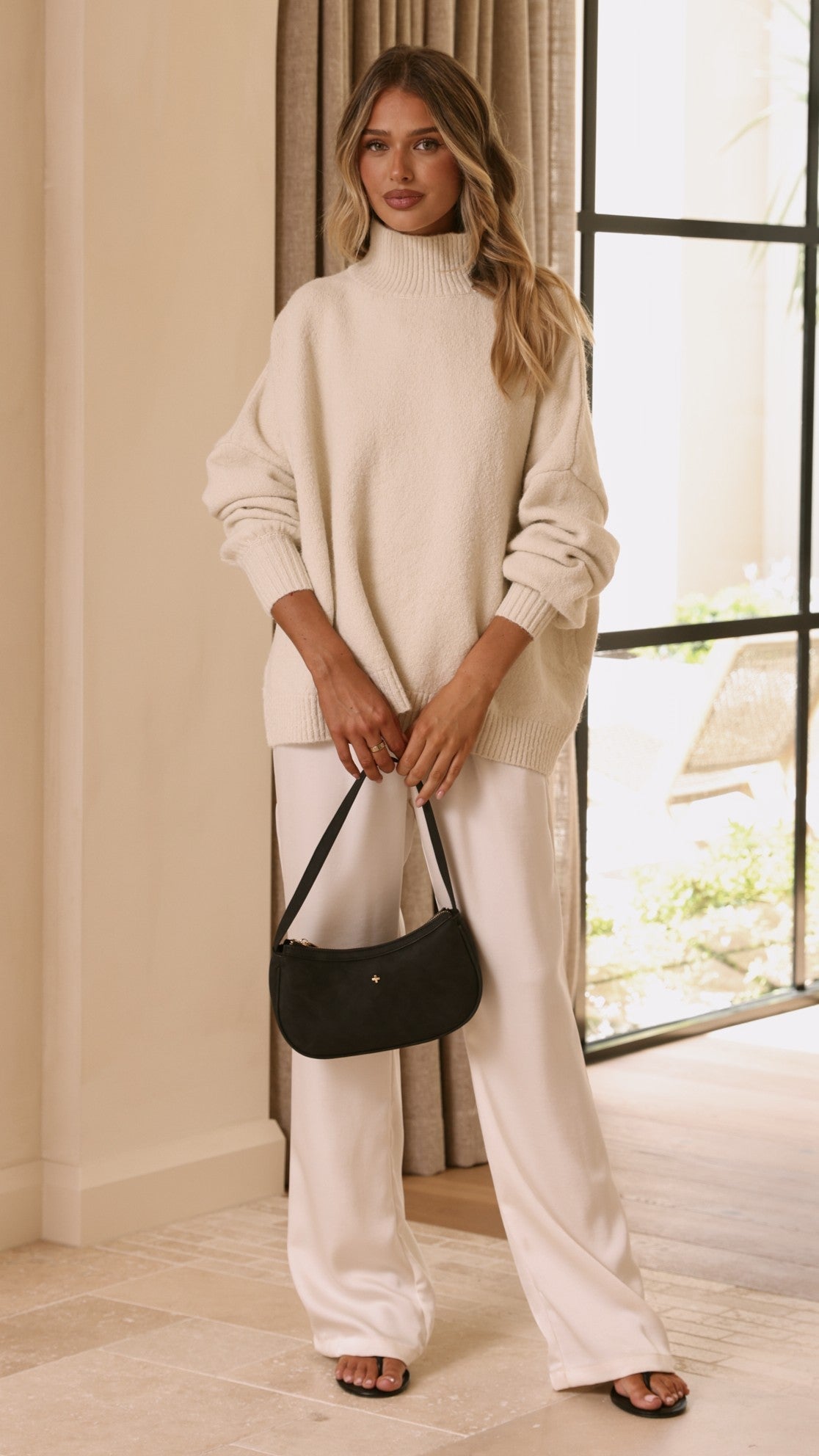 Harita Turtleneck Bell Sleeve Boxy Knit Jumper – Cream