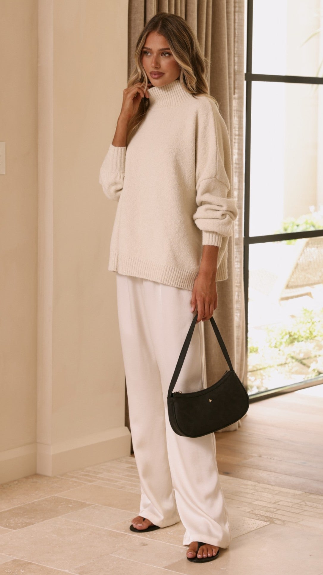 Harita Turtleneck Bell Sleeve Boxy Knit Jumper – Cream