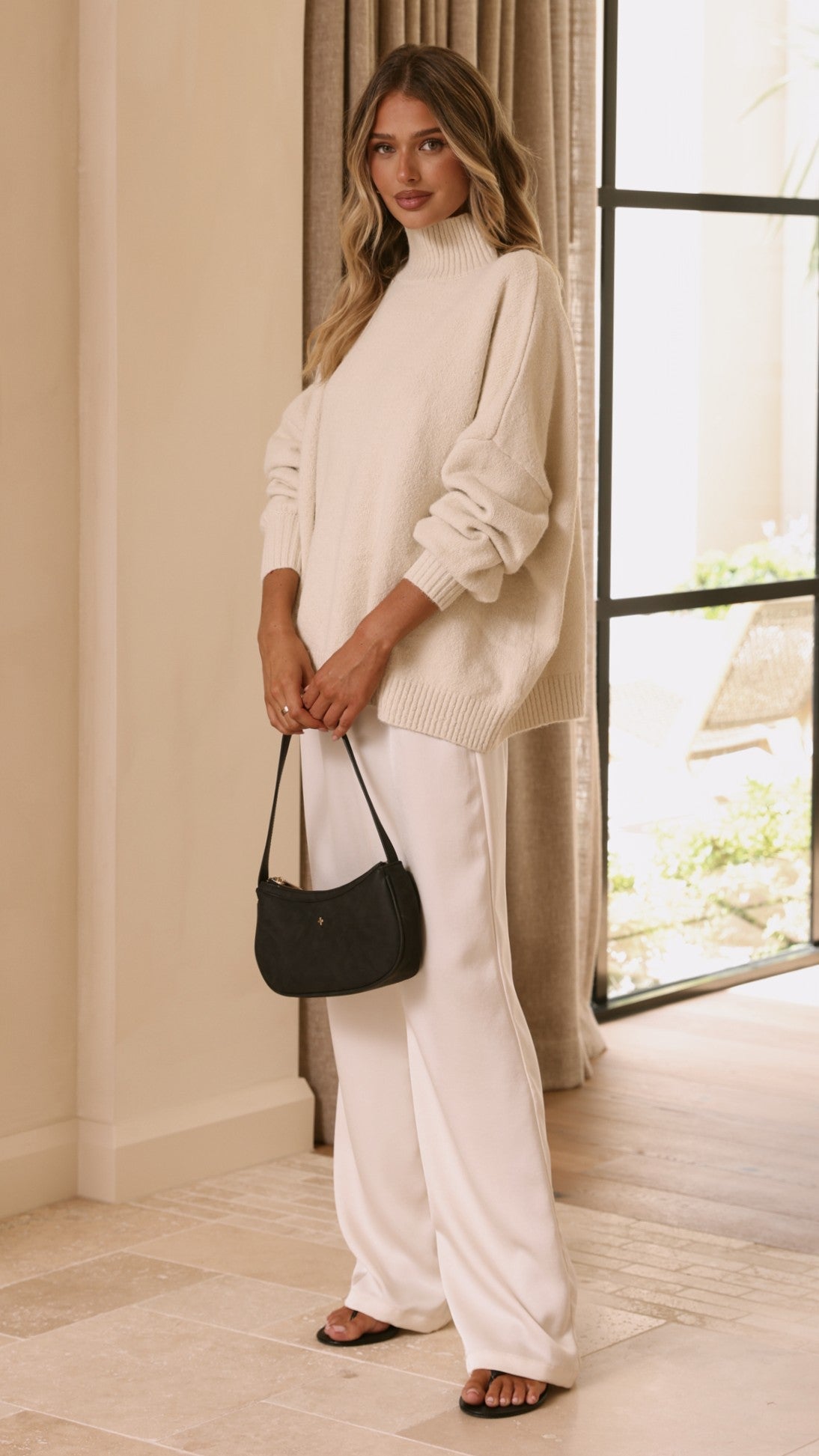 Harita Turtleneck Bell Sleeve Boxy Knit Jumper – Cream – view 8