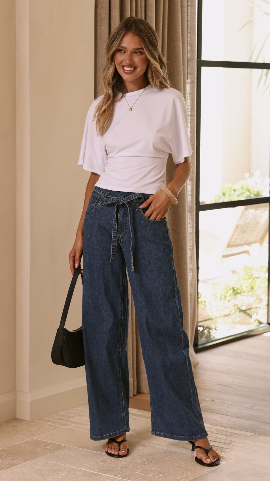Vicky High Waisted Straight Leg Jeans with Removable Tie – Dark Wash – view 1