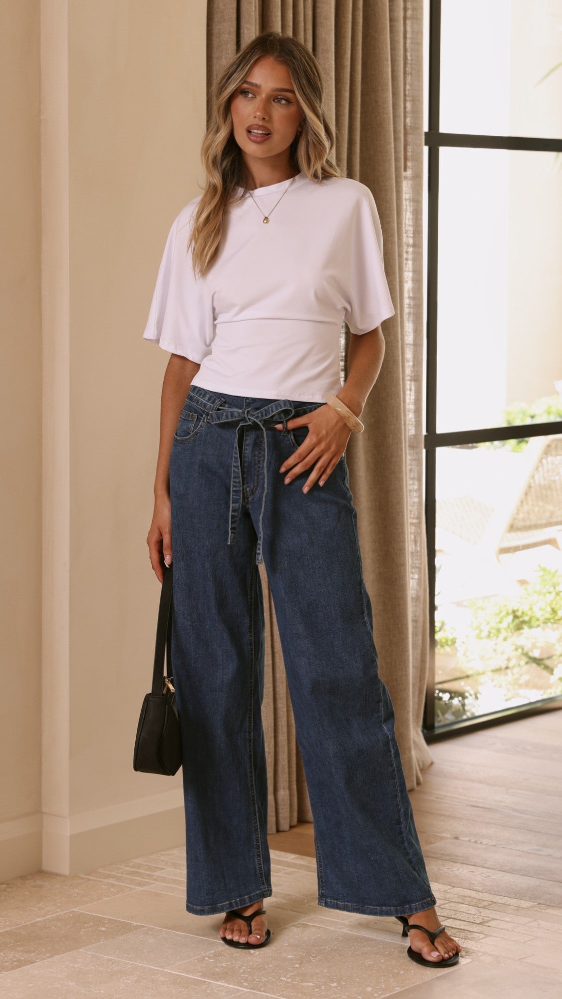 Vicky High Waisted Straight Leg Jeans with Removable Tie – Dark Wash – view 4