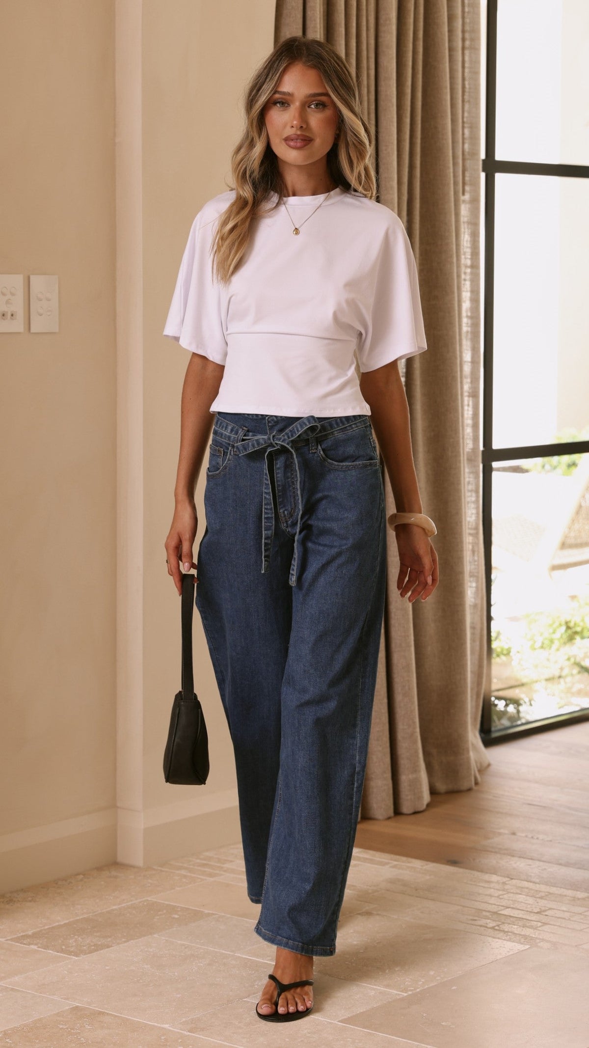 Vicky High Waisted Straight Leg Jeans with Removable Tie – Dark Wash – view 6