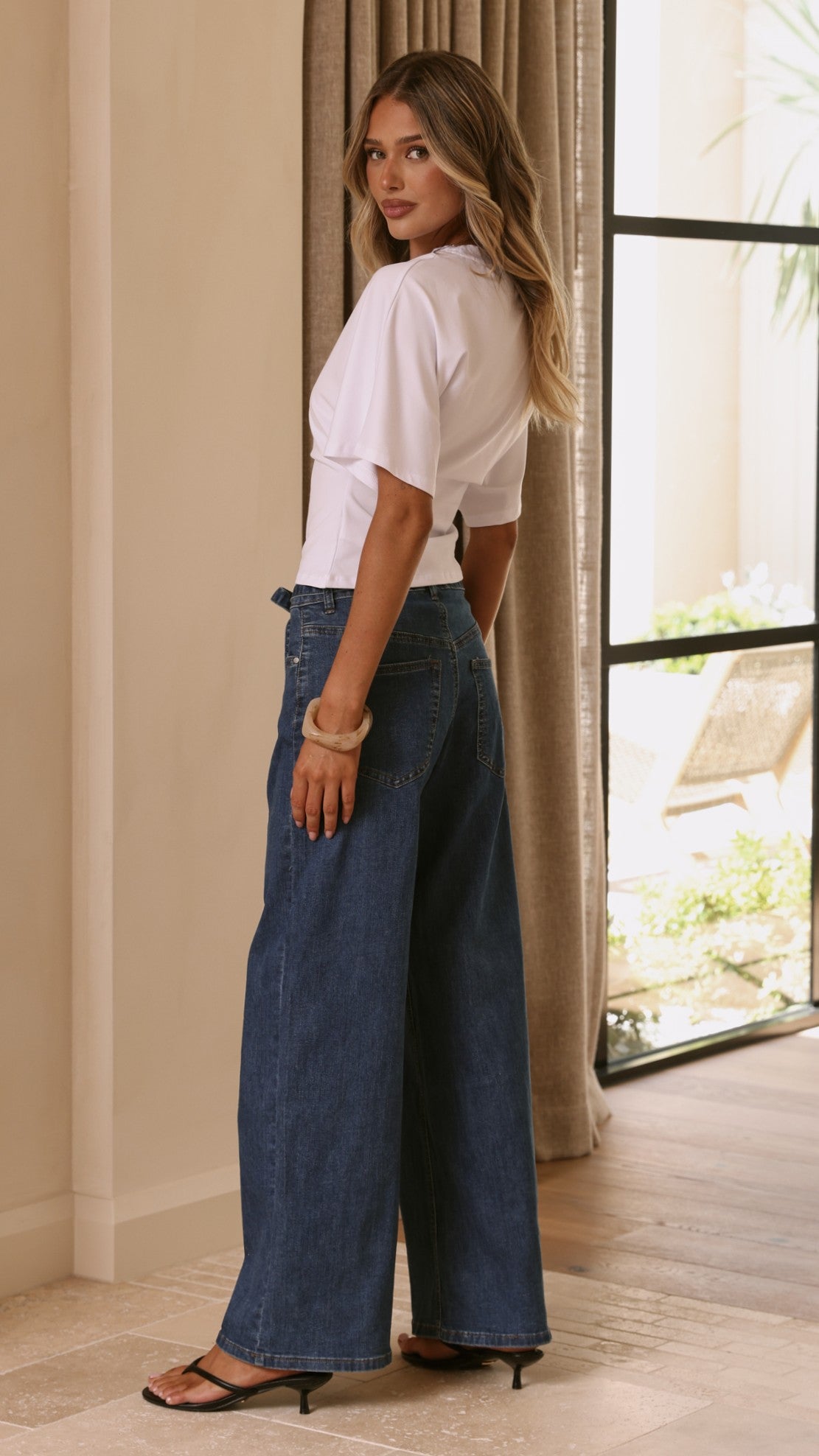 Vicky High Waisted Straight Leg Jeans with Removable Tie – Dark Wash – view 2
