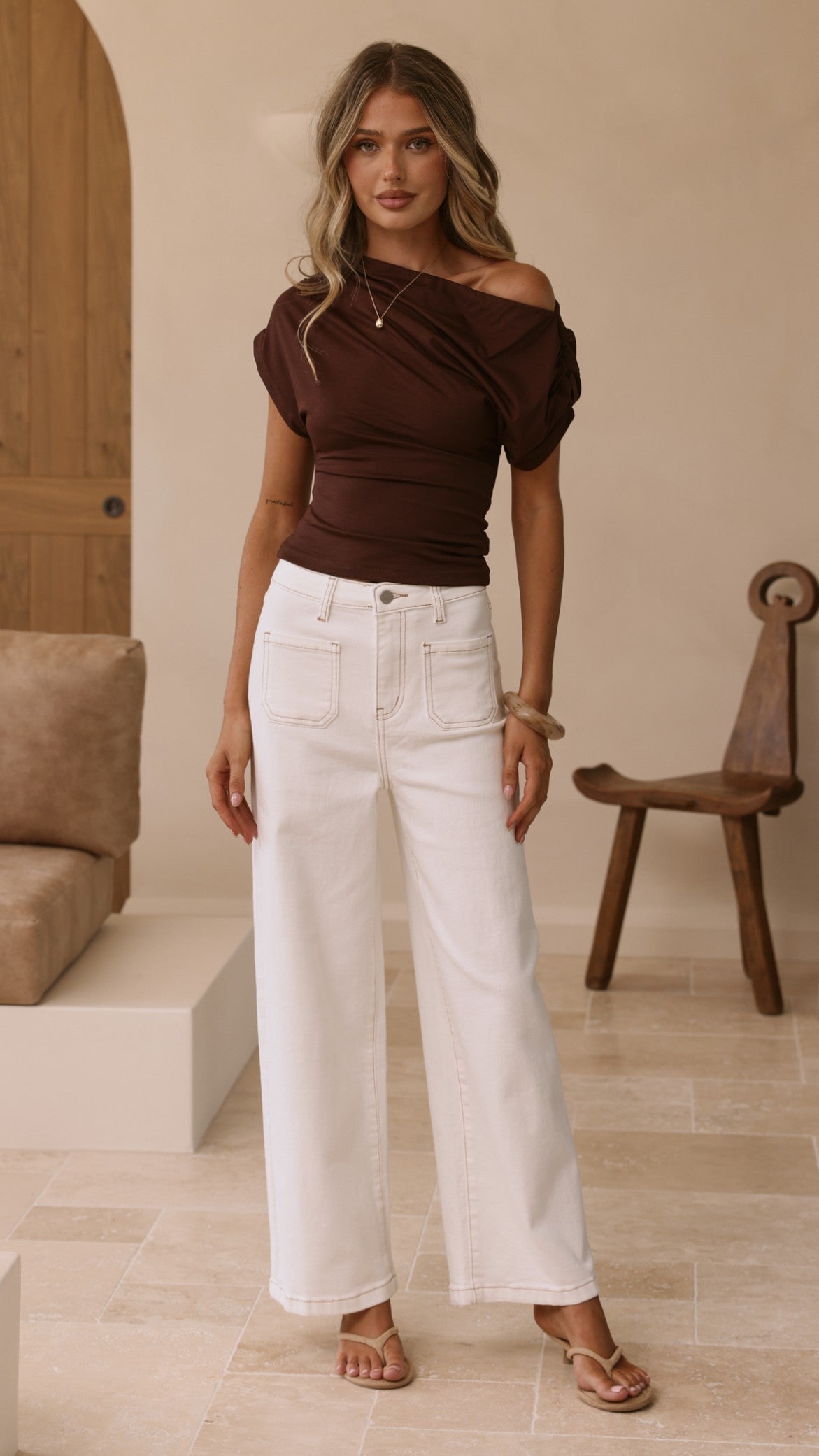 Macadrian High Waisted Wide Leg Stretch Jeans – White Denim – view 5