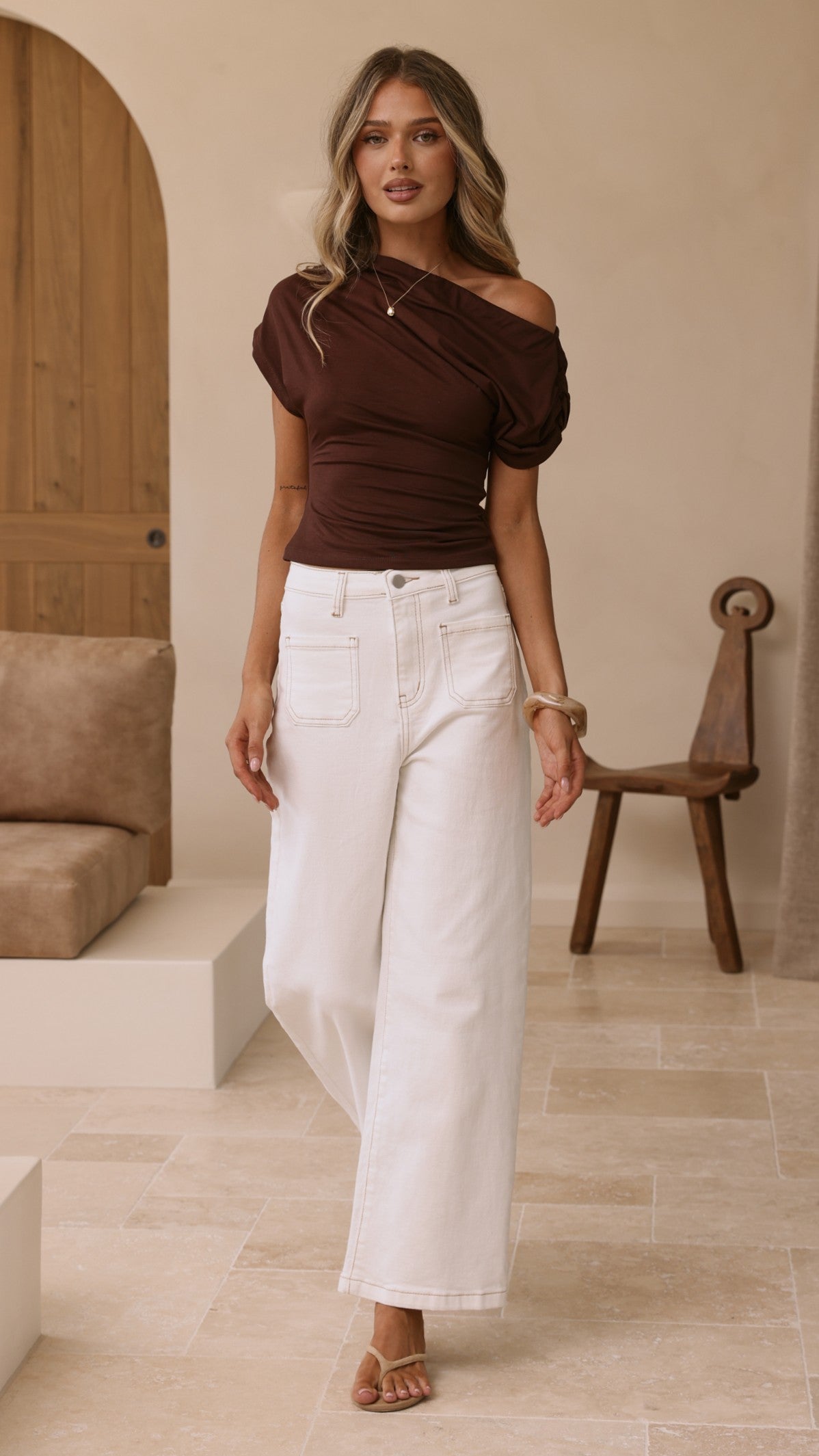 Macadrian High Waisted Wide Leg Stretch Jeans – White Denim – view 4