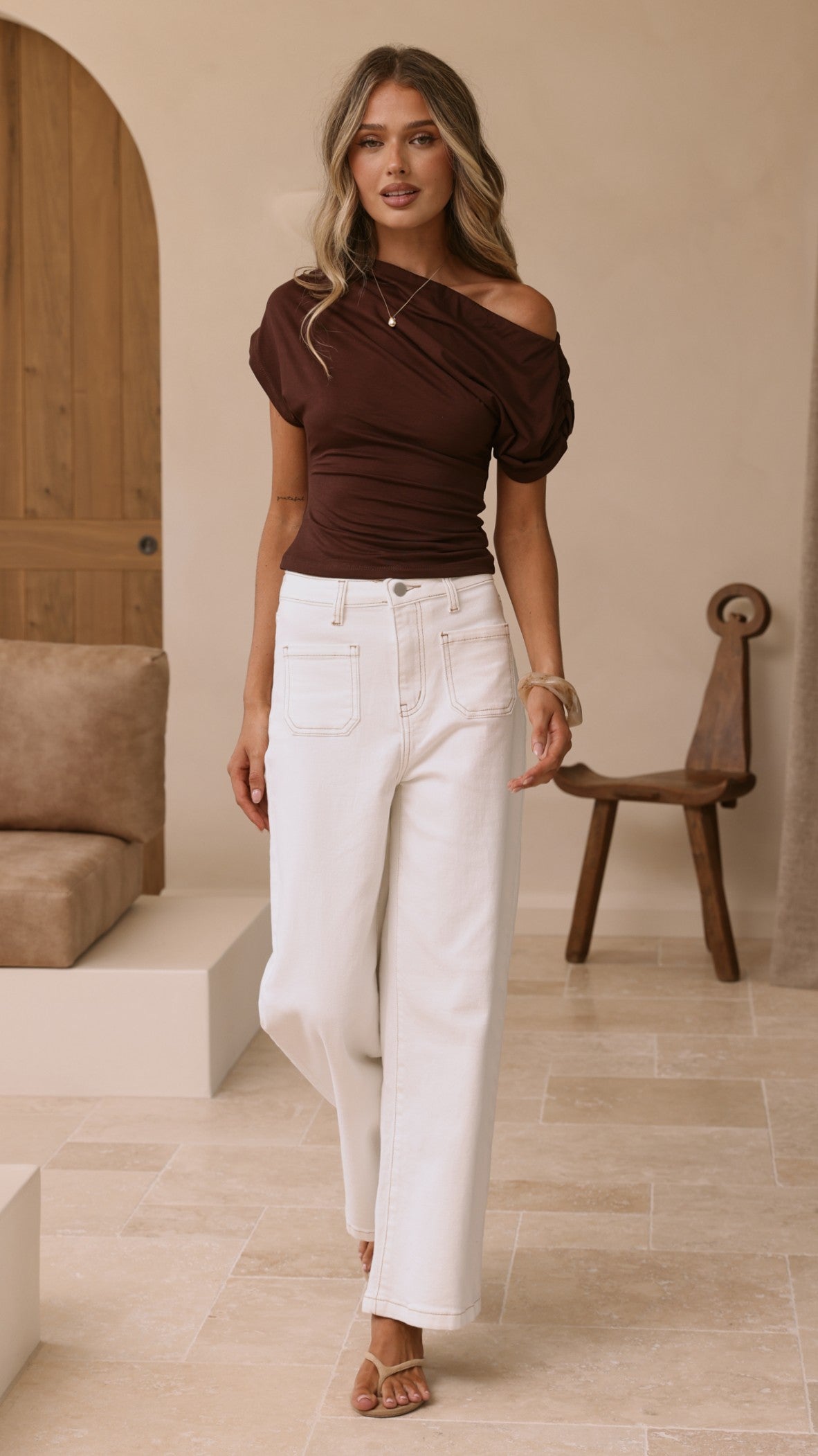 Macadrian High Waisted Wide Leg Stretch Jeans – White Denim – view 6