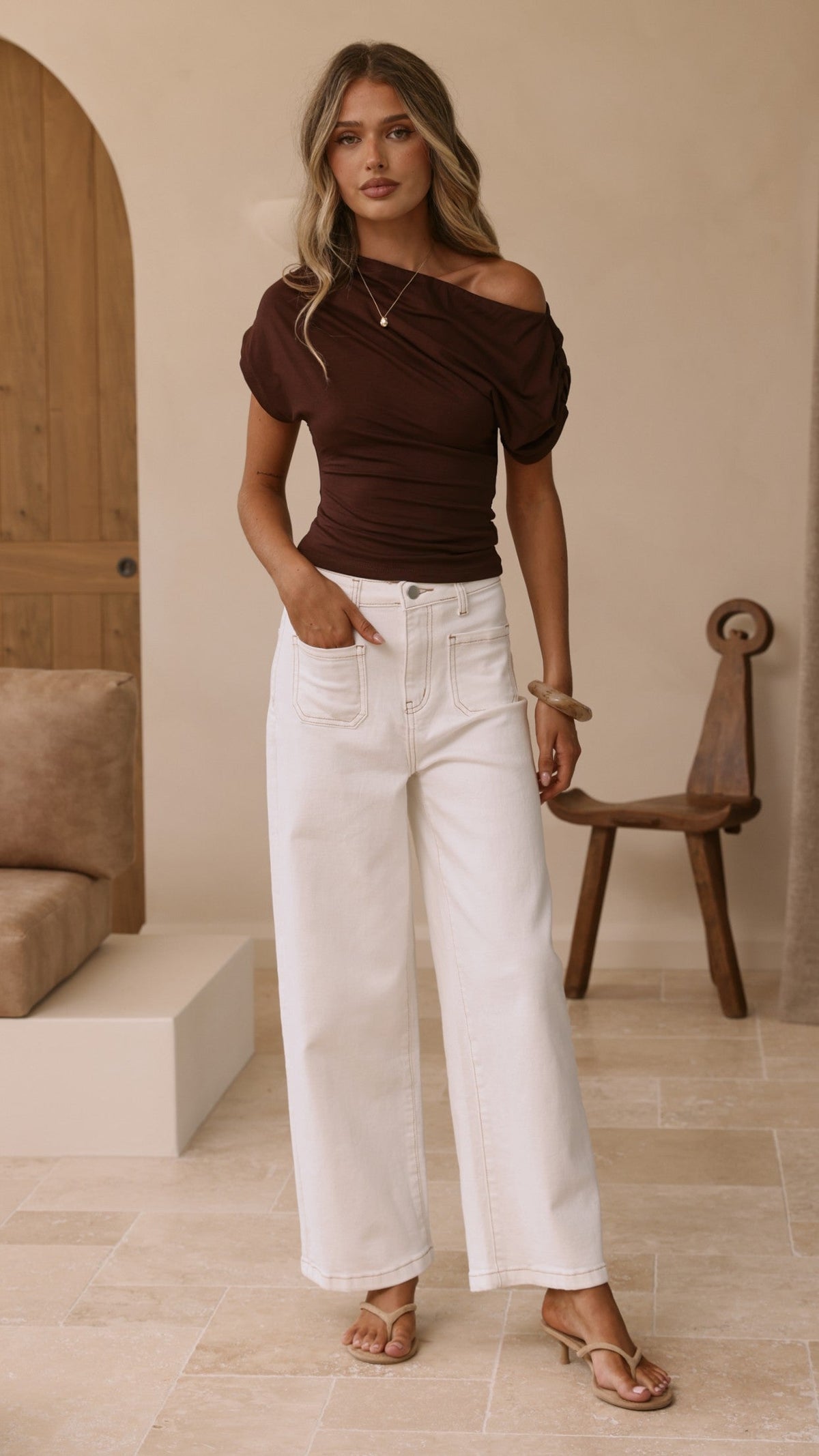 Macadrian High Waisted Wide Leg Stretch Jeans – White Denim – view 10