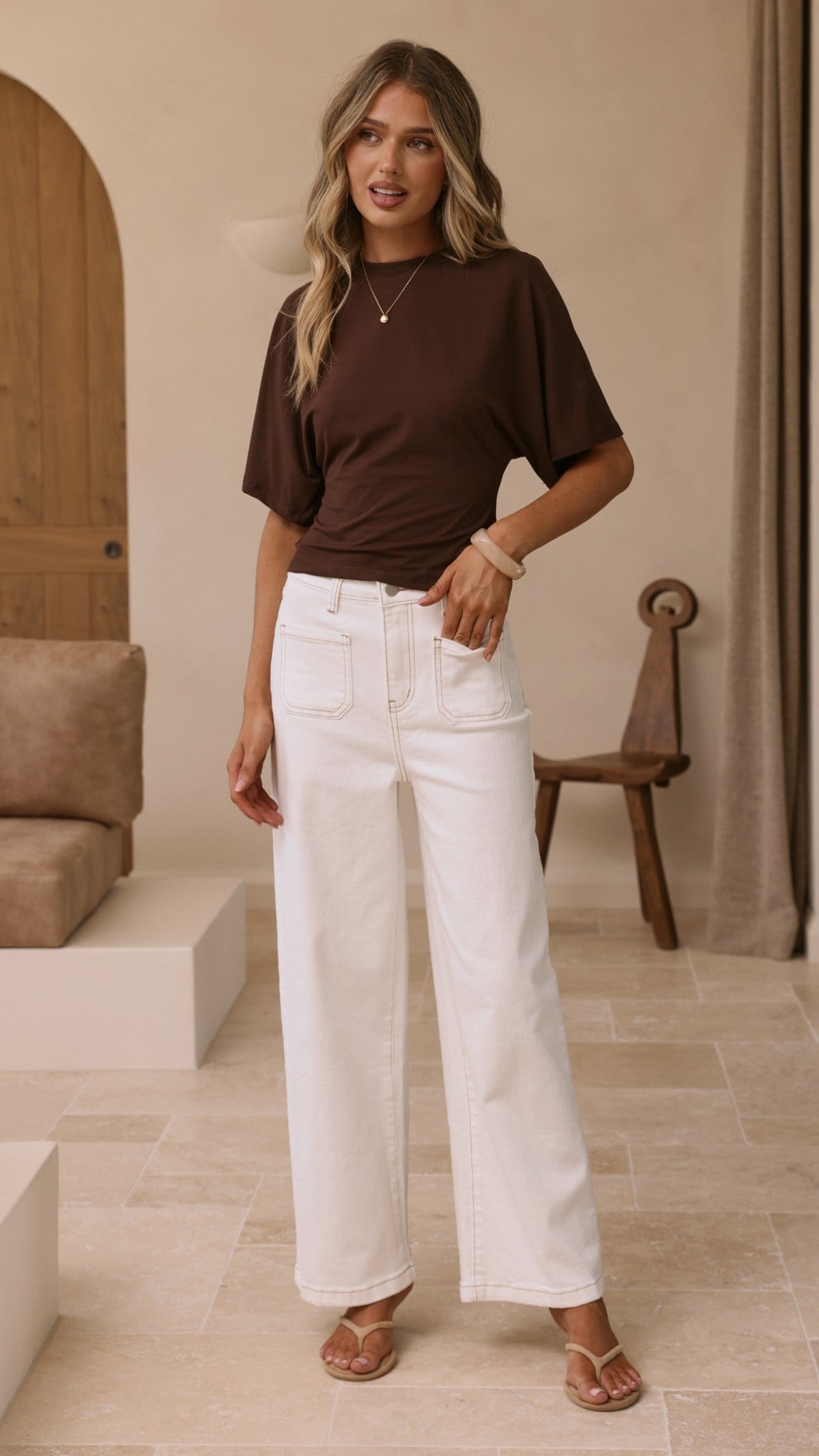Macadrian High Waisted Wide Leg Stretch Jeans – White Denim – view 13