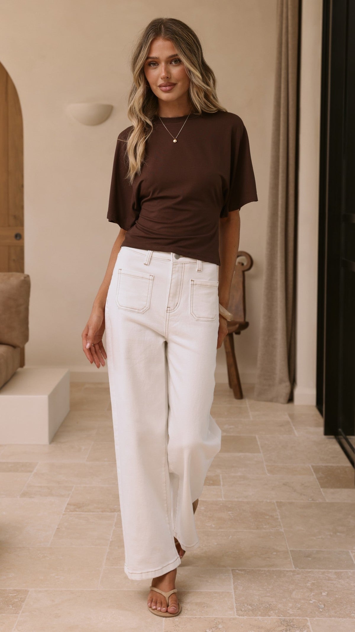 Macadrian High Waisted Wide Leg Stretch Jeans – White Denim – view 1