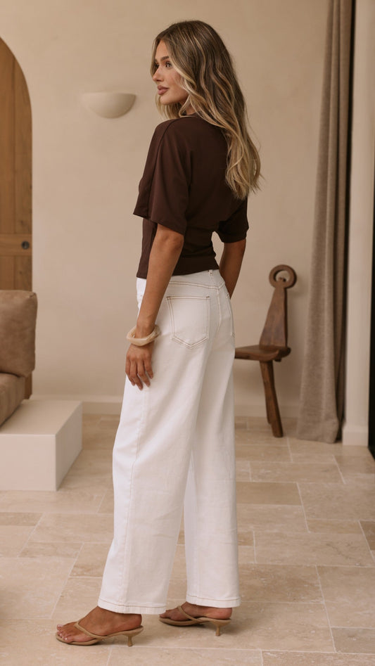 Ailani Crew Neck Cape Sleeve Fitted Top – Chocolate – view 2