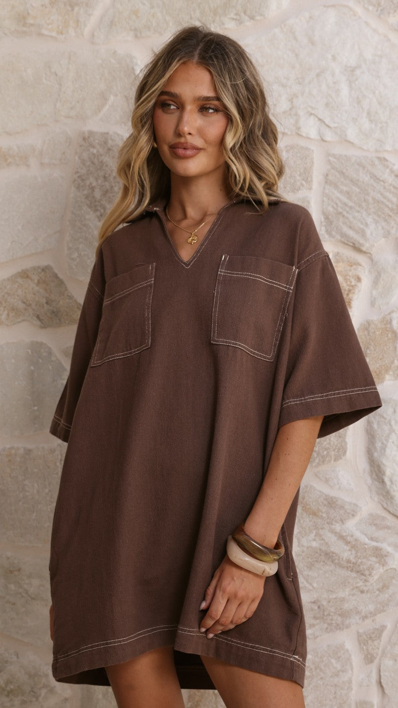 Ilia Collared V-Neck Short Sleeve Cotton Denim Mini Dress – Chocolate