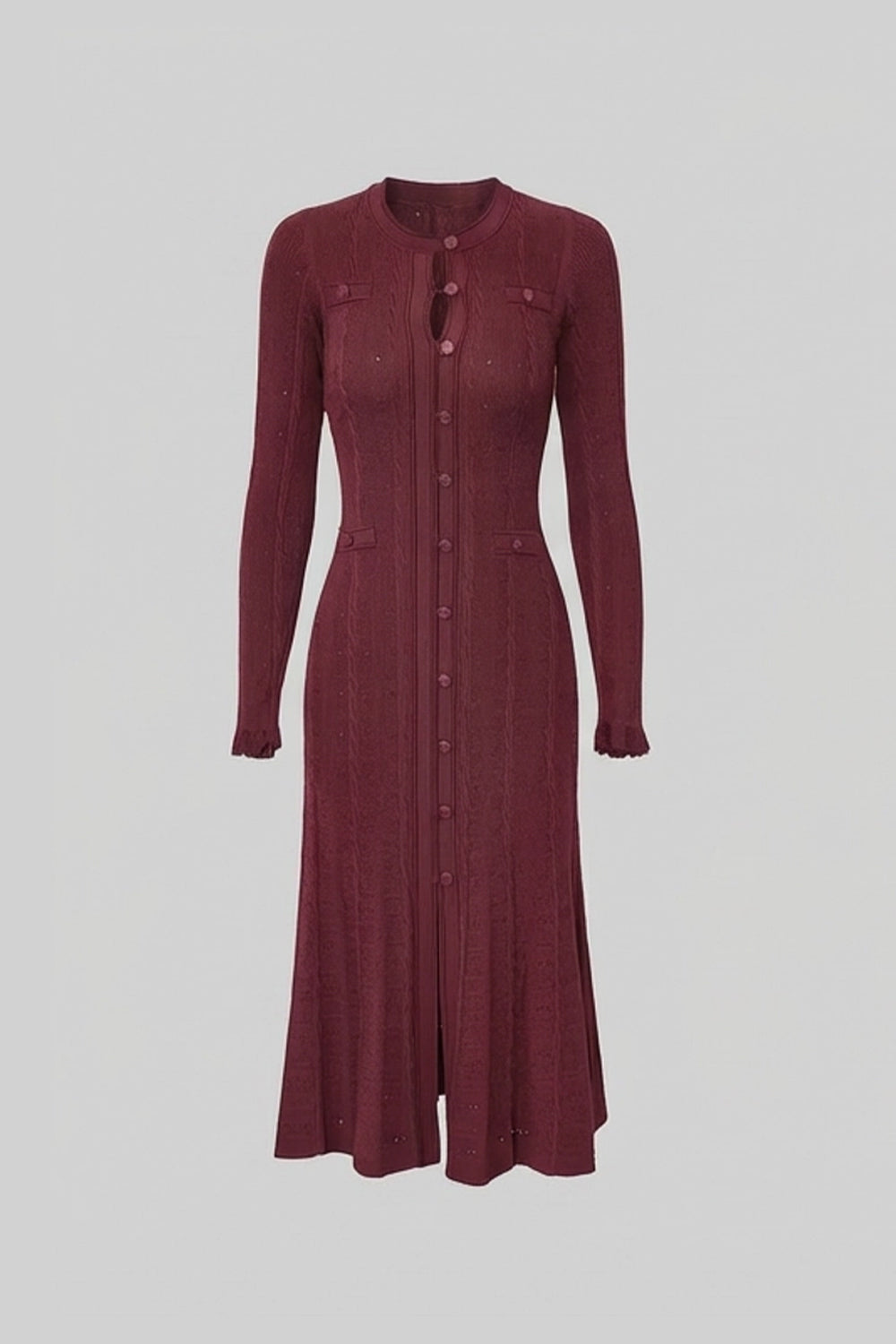 Pointelle Knit Button-Front Midi Dress with Keyhole Neck – Burgundy – view 2