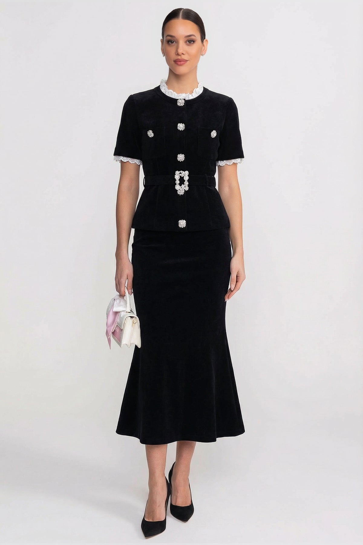 Peplum Knit Top and Fluted Midi Skirt Set with Crystal Belt – Black – view 1