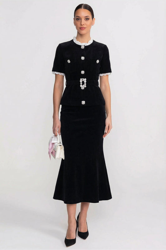 Peplum Knit Top and Fluted Midi Skirt Set with Crystal Belt – Black