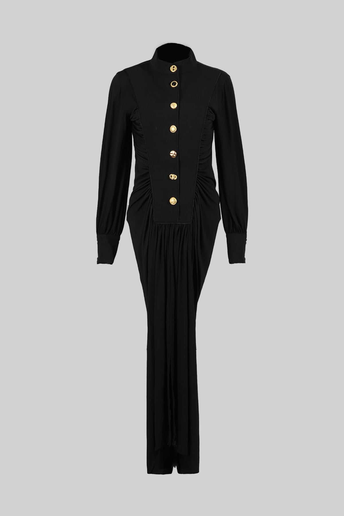 High Neck Long Sleeve Maxi Dress with Gold Statement Buttons – Black – view 9